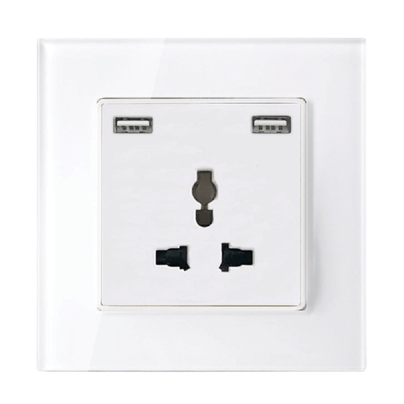 Priza multifuncțională 16A cu rama de sticlă albă plus două prize USB, 195025/WH