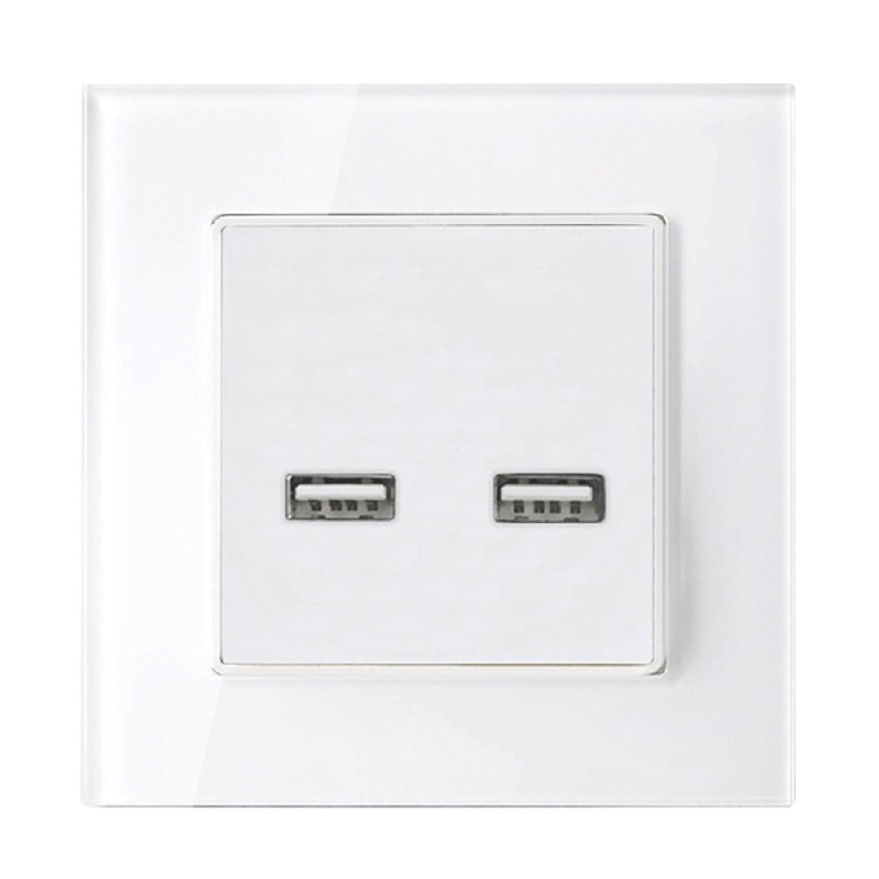 Priza dubla USB cu rama de sticlă albă, 195028/WH 