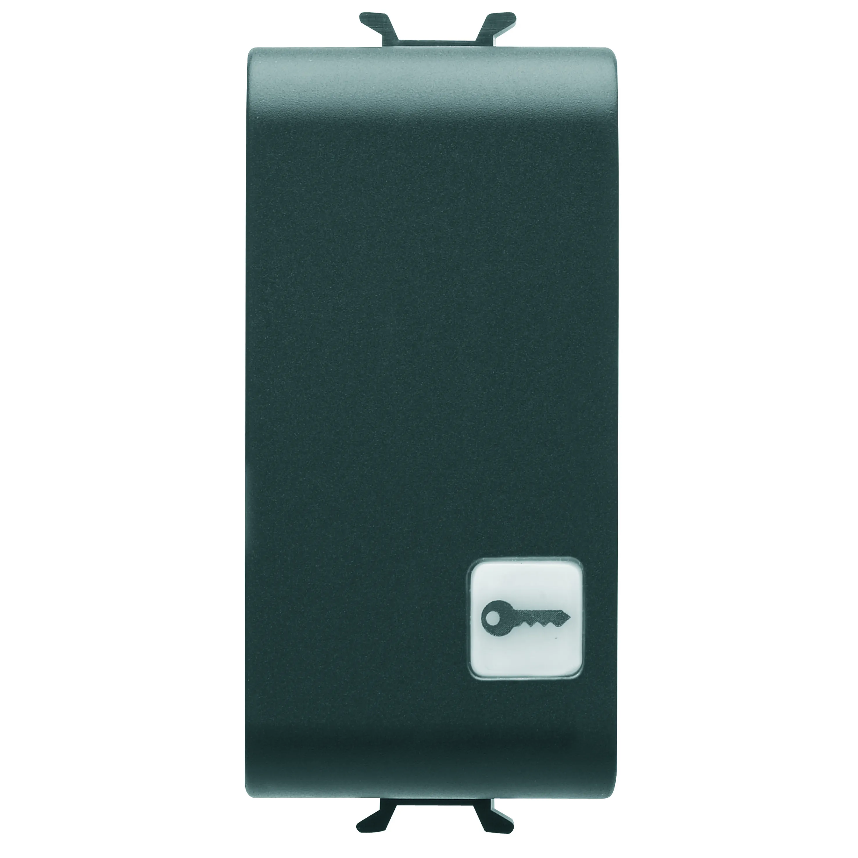 Buton, cu, revenire, 1P, 250V, NO, 16A, iluminabil, cu, lentila, neutra, inlocuibila, simbol, cheie, 1, modul, negru, satinat, Gewiss, Chorus, GW12152