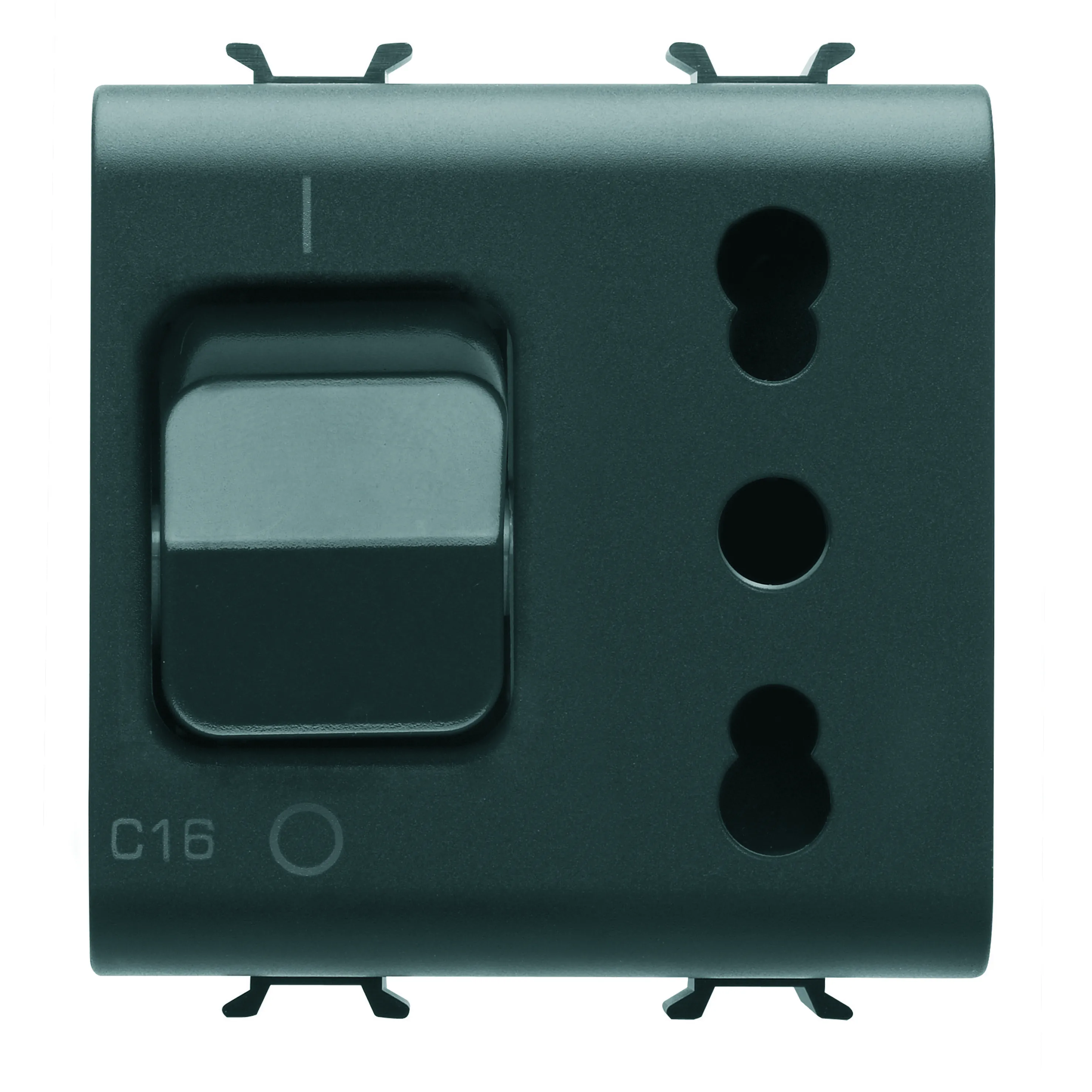 Priza, interblocata, Gewiss, Chorus, 2P+E, 16A, P17/P11, cu, intrerupator, miniatural, 1P+N, 16A, 230V, c.a., 2, module, negru, satinat, GW12311