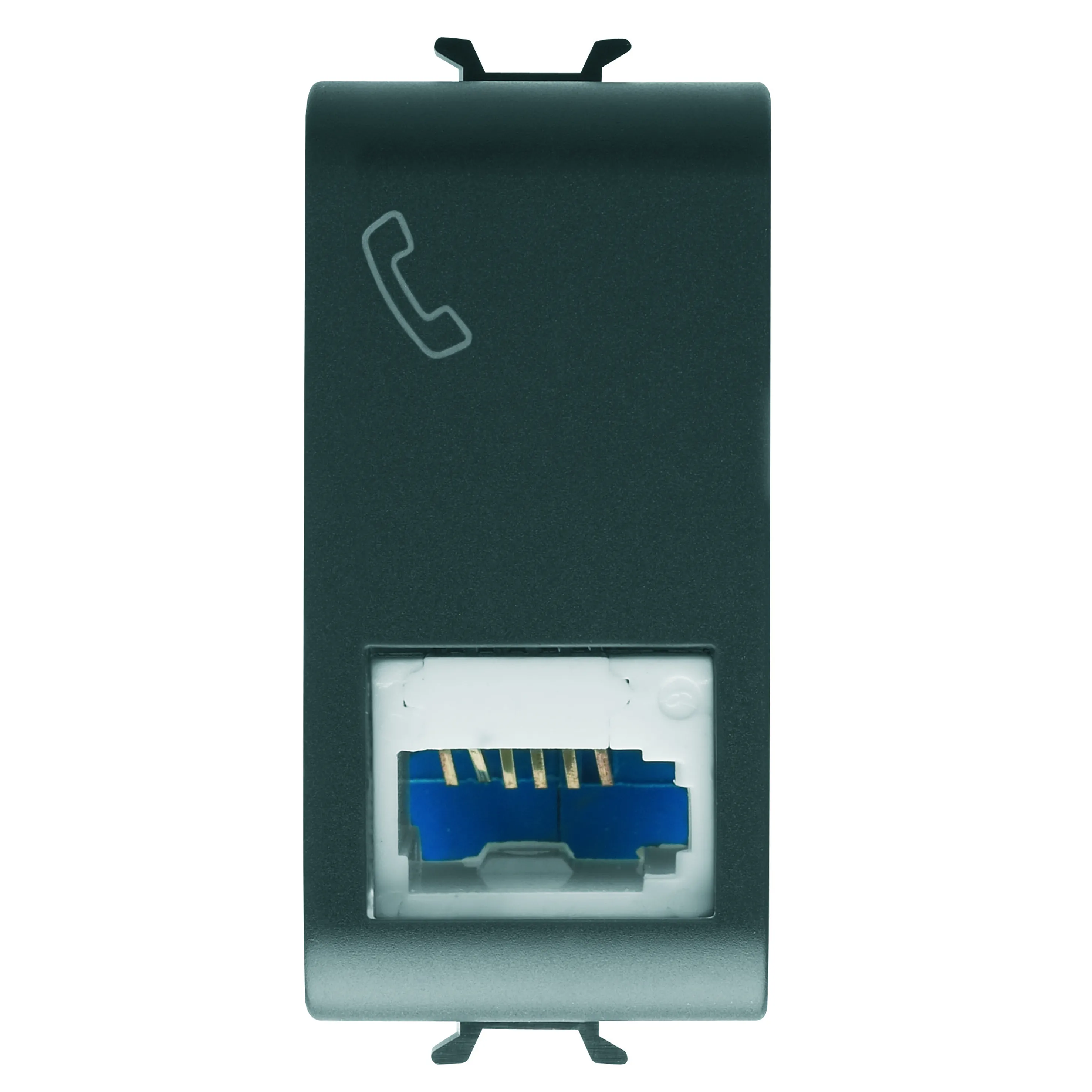 Priza, telefonica, standard, britanica, Gewiss, Chorus, 6, contacte, terminale, cu, insurubare, 1, modul, negru, satinat, GW12406
