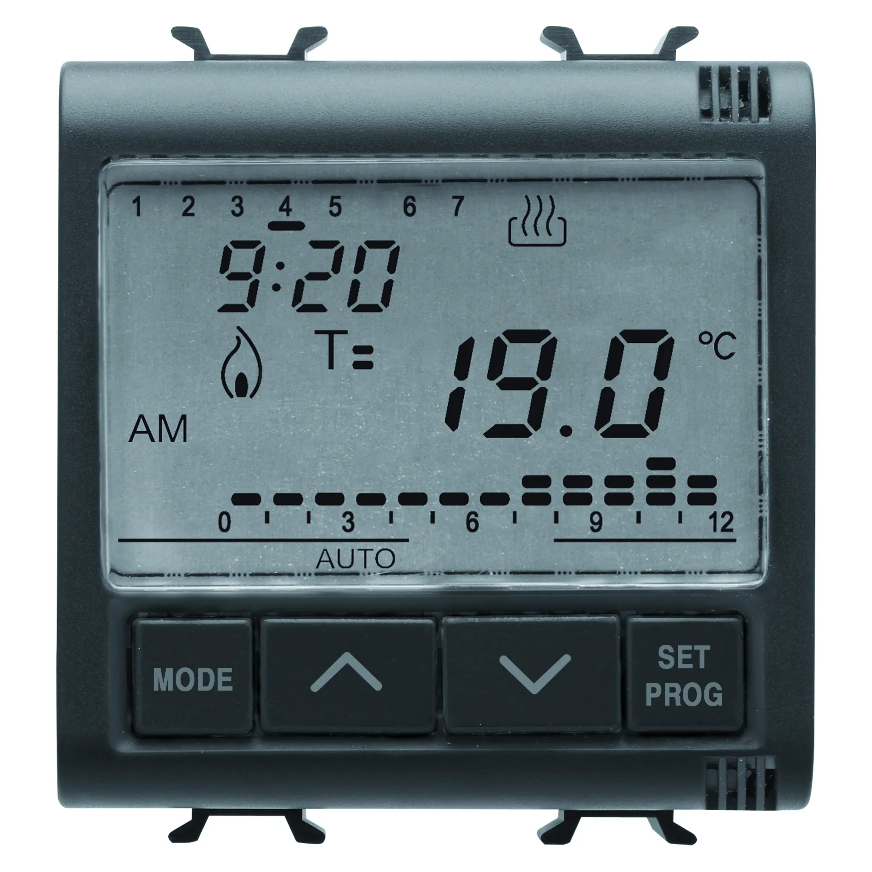 Programator, zilnic/saptamanal, Gewiss, Chorus, termostat, temporizat, 230V, c.a., 50/60Hz, 2, module, negru, satinat, GW12703