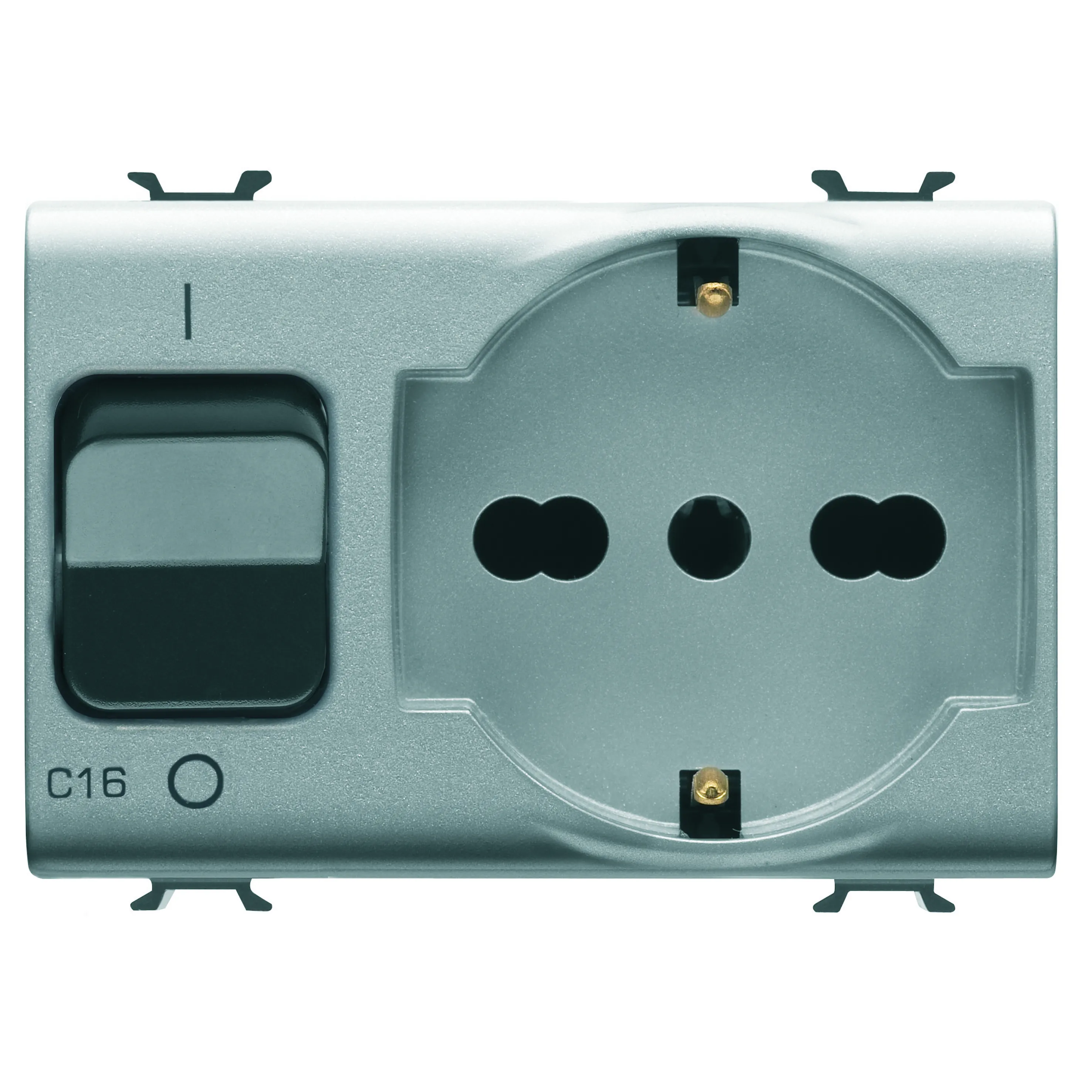 Priza, interblocata, Gewiss, Chorus, 2P+E, 16A, P40, cu, intrerupator, miniatural, 1P+N, 16A, 230V, c.a., 3, module, titan, GW14312