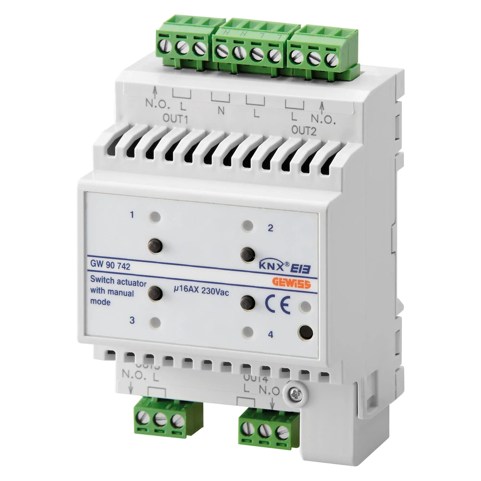 Intrerupator, actionare, 4, canale, 16AX, operare, manuala, KNX, IP20, 4, module, montare, sina, DIN, Gewiss, Chorus, GW90742