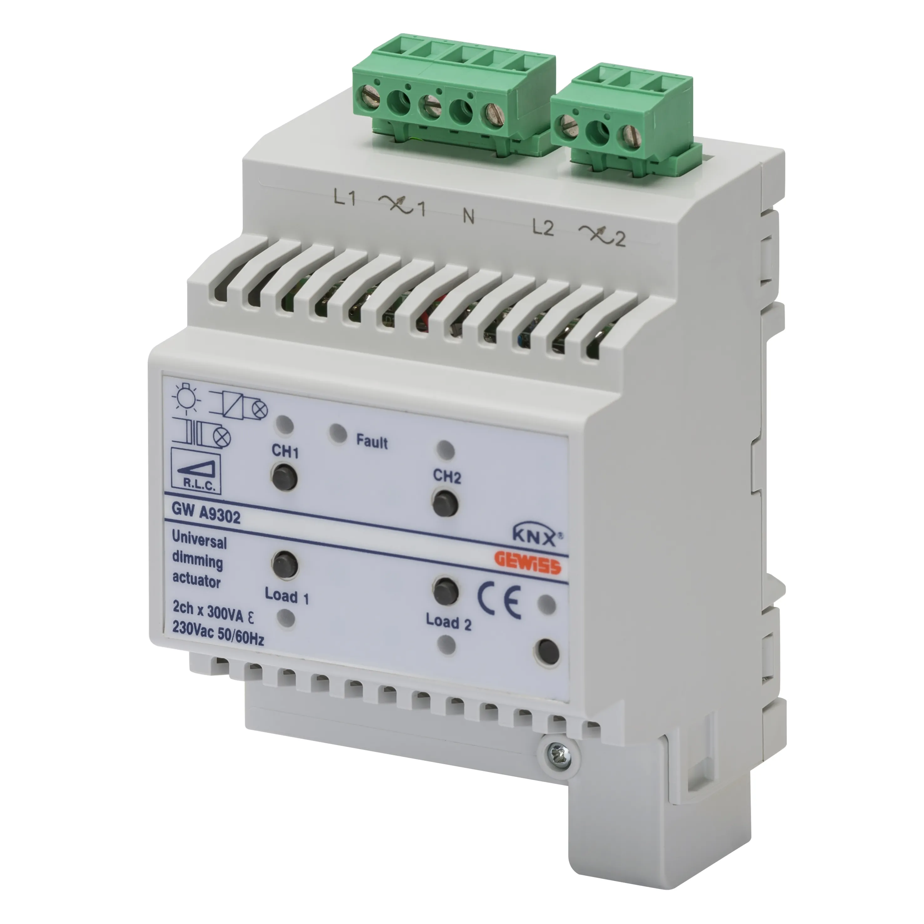 Actuator, universal, dimmer, 2, canal, 300VA, per, canal, KNX, IP20, 4, module, montare, sina, DIN, Gewiss, GWA9302