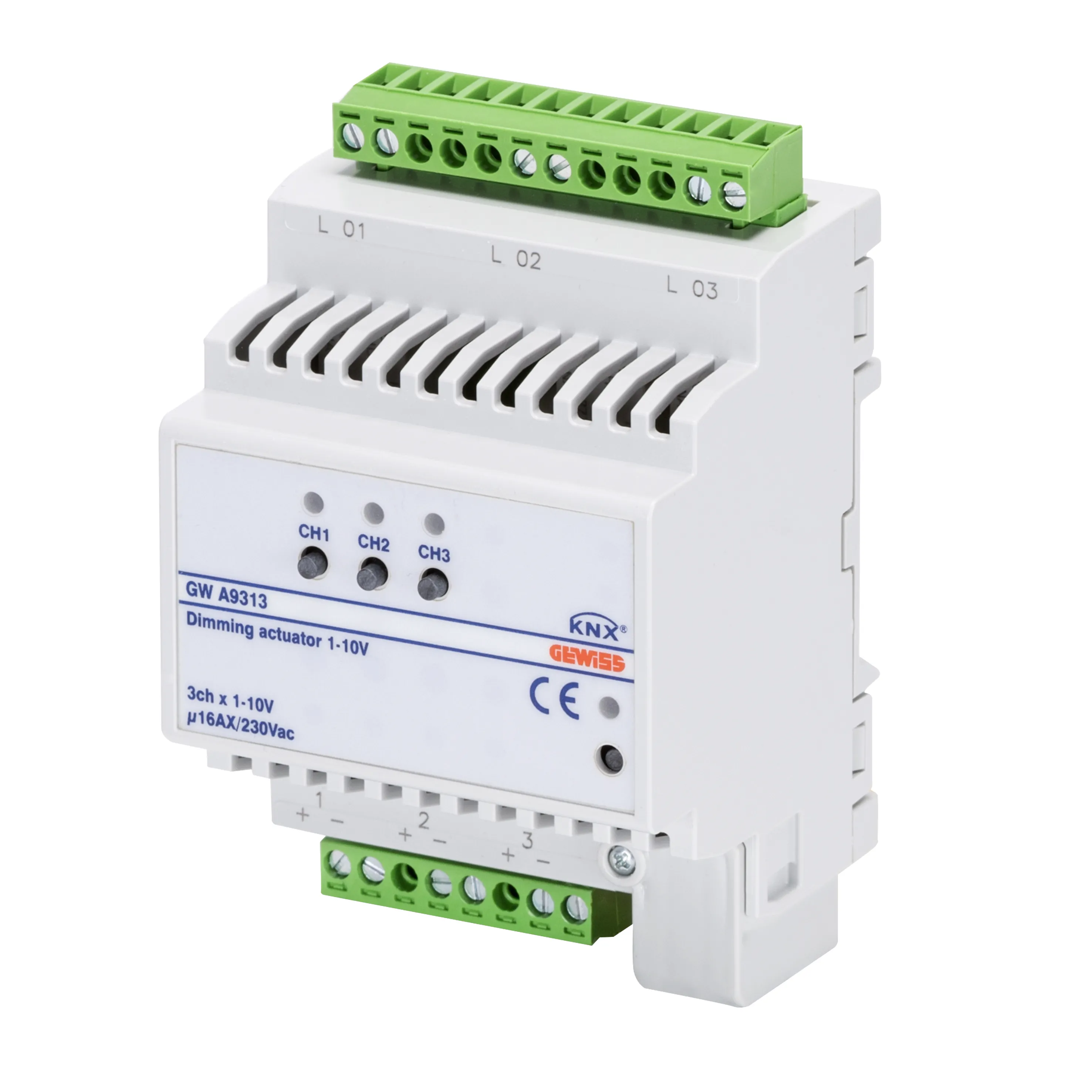 Actuator, variator, balast, electronic, 3, canale, 16AX, KNX, IP20, 4, module, montare, sina, DIN, Gewiss, GWA9313