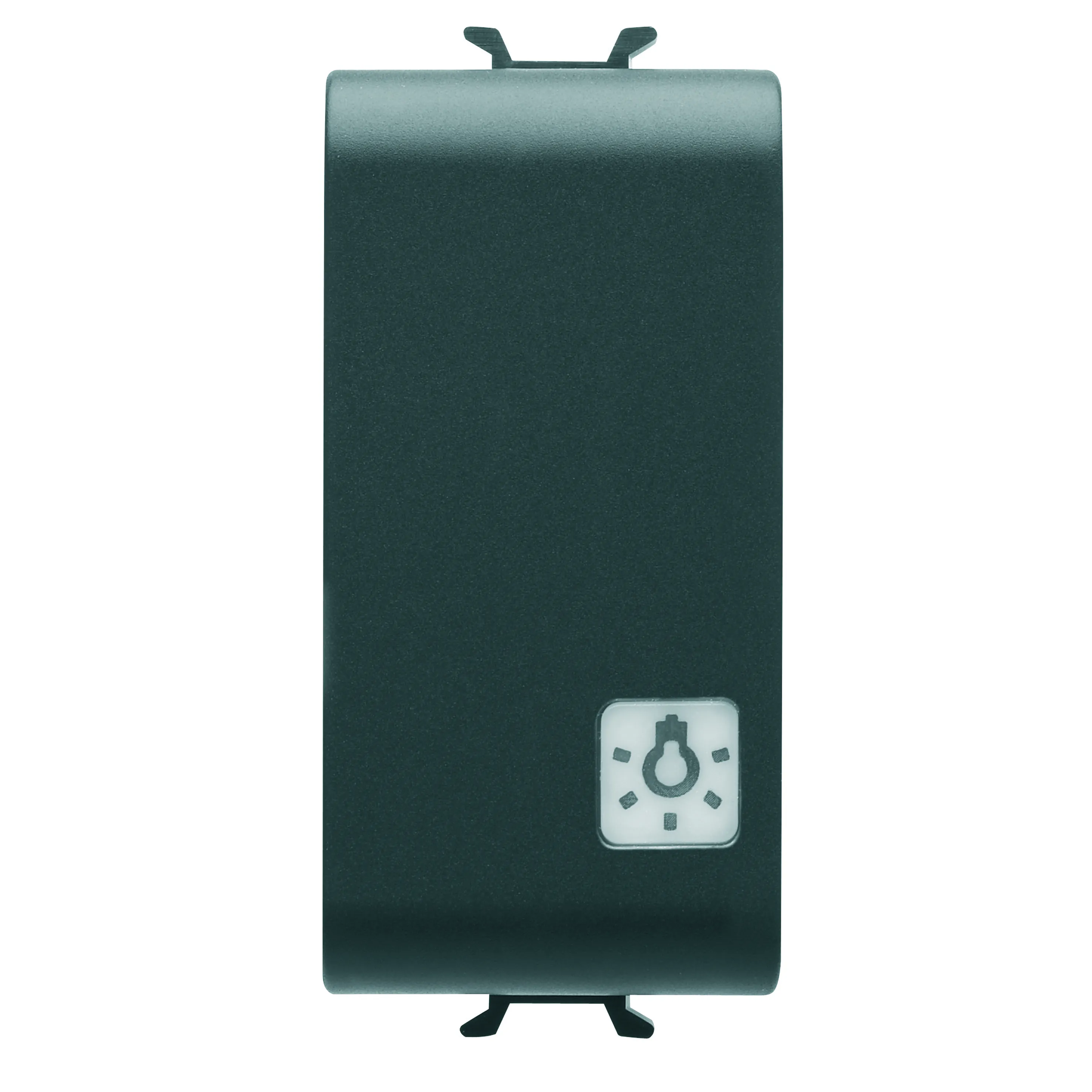 Buton, cu, revenire, 1P, 250V, NO, 16A, iluminabil, cu, lentila, neutra, inlocuibila, simbol, lumina, 1, modul, negru, satinat, Gewiss, Chorus, GW12151