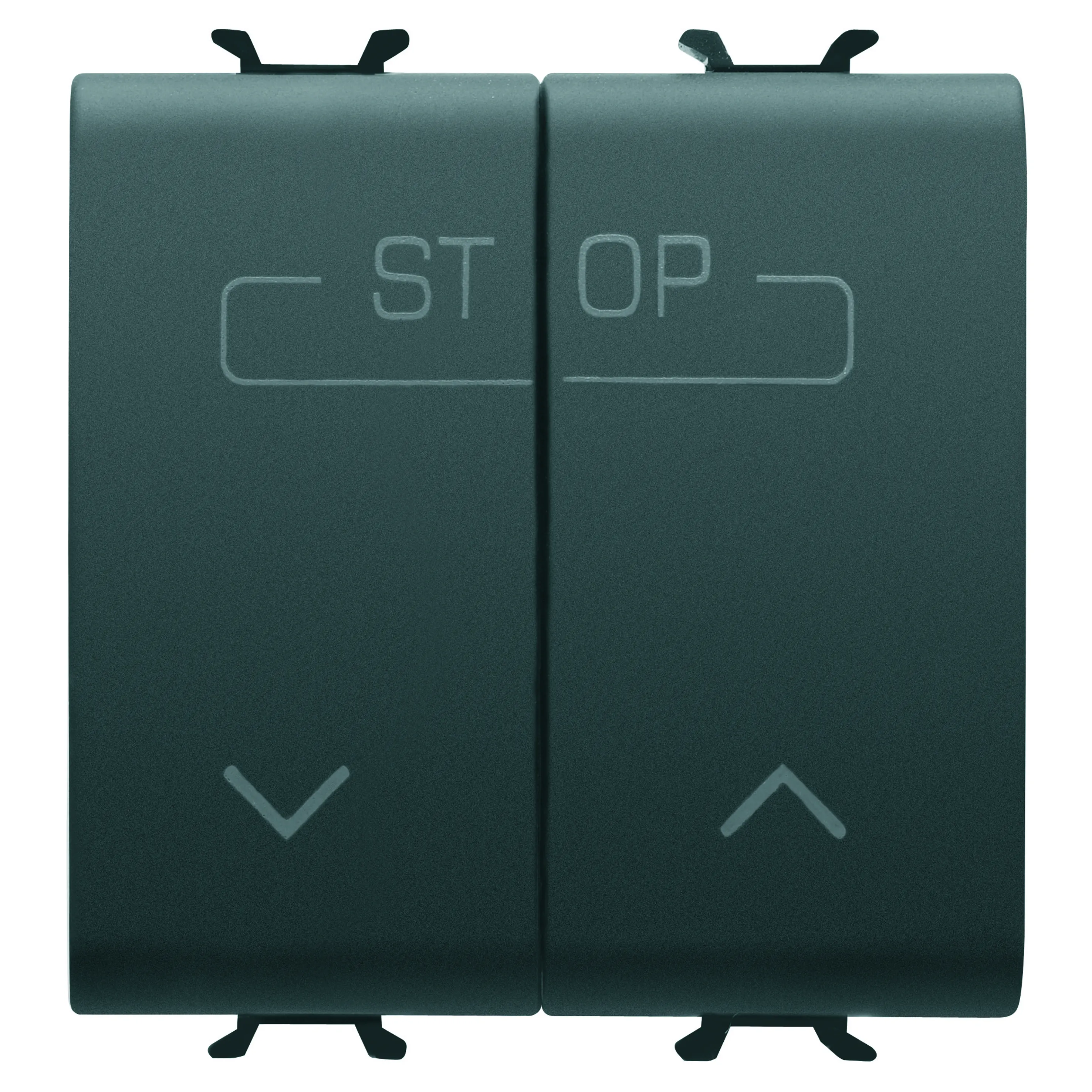 Buton, cu, revenire, dublu, 250V, borne, cablare, rapida, 1P, NO, 16A, simbol, up-down-stop, 2, module, negru, satinat, Gewiss, Chorus, GW12160F