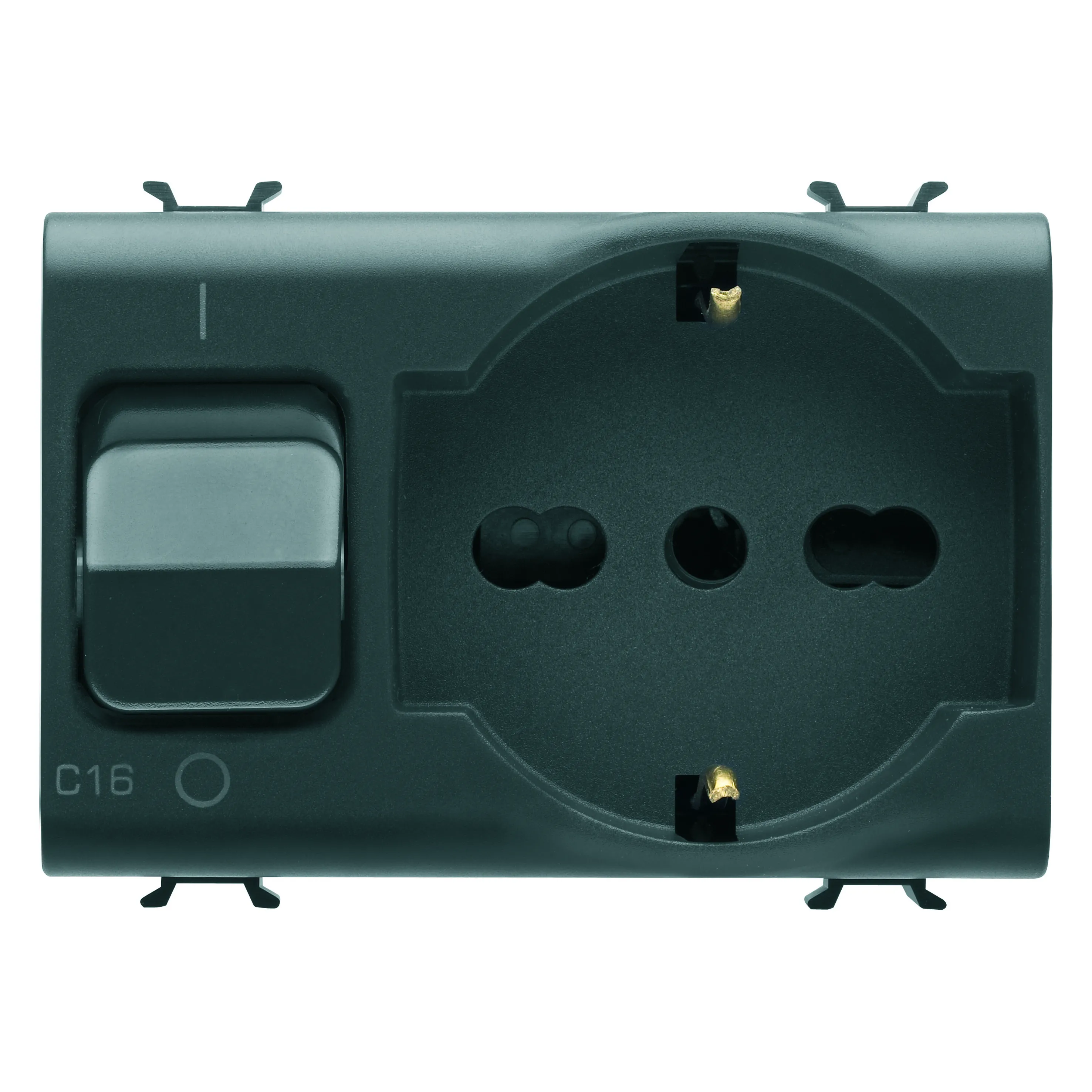Priza, interblocata, Gewiss, Chorus, 2P+E, 16A, P40, cu, intrerupator, miniatural, 1P+N, 16A, 230V, c.a., 3, module, negru, satinat, GW12312