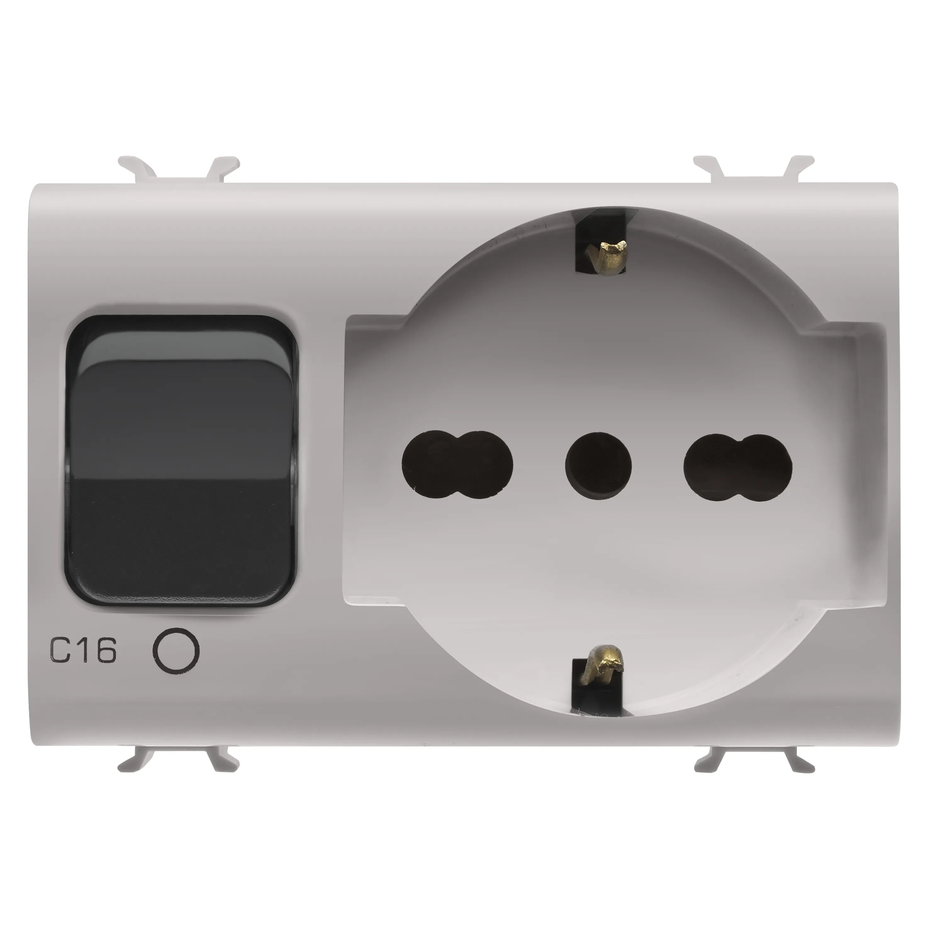 Priza, interblocata, Gewiss, Chorus, 2P+E, 16A, P40, cu, intrerupator, miniatural, 1P+N, 16A, 230V, c.a., 3, module, bej, satinat, GW13312