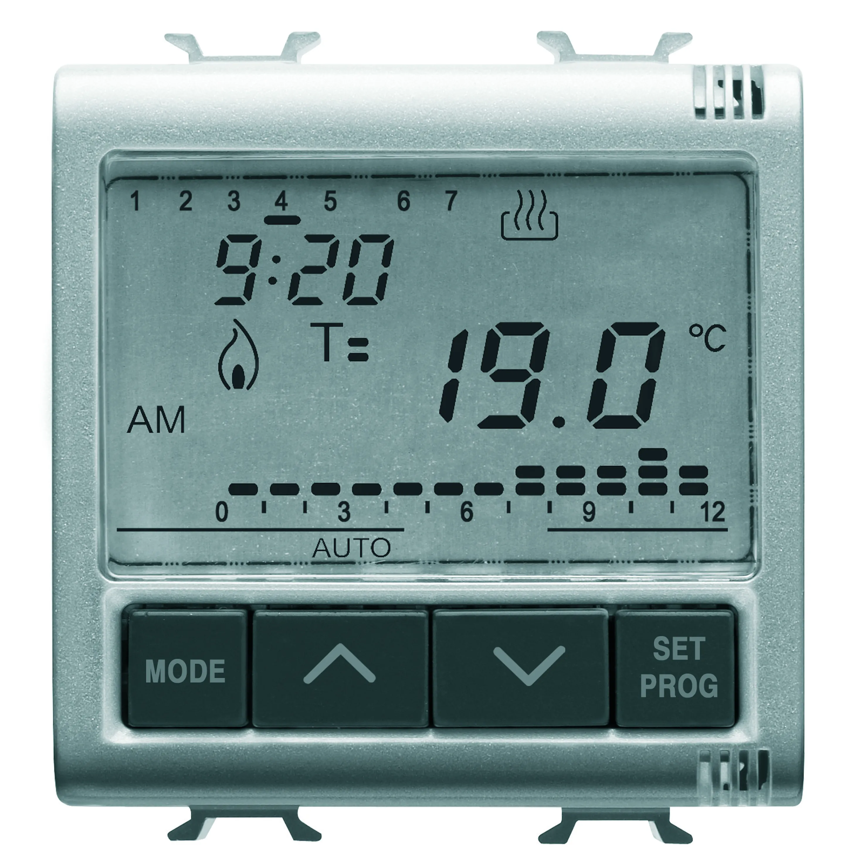 Termostat, temporizat, programare, zilnică/săptămânală, 230V, c.a., 50/60Hz, 2, module, titan, Gewiss, Chorus, GW14703