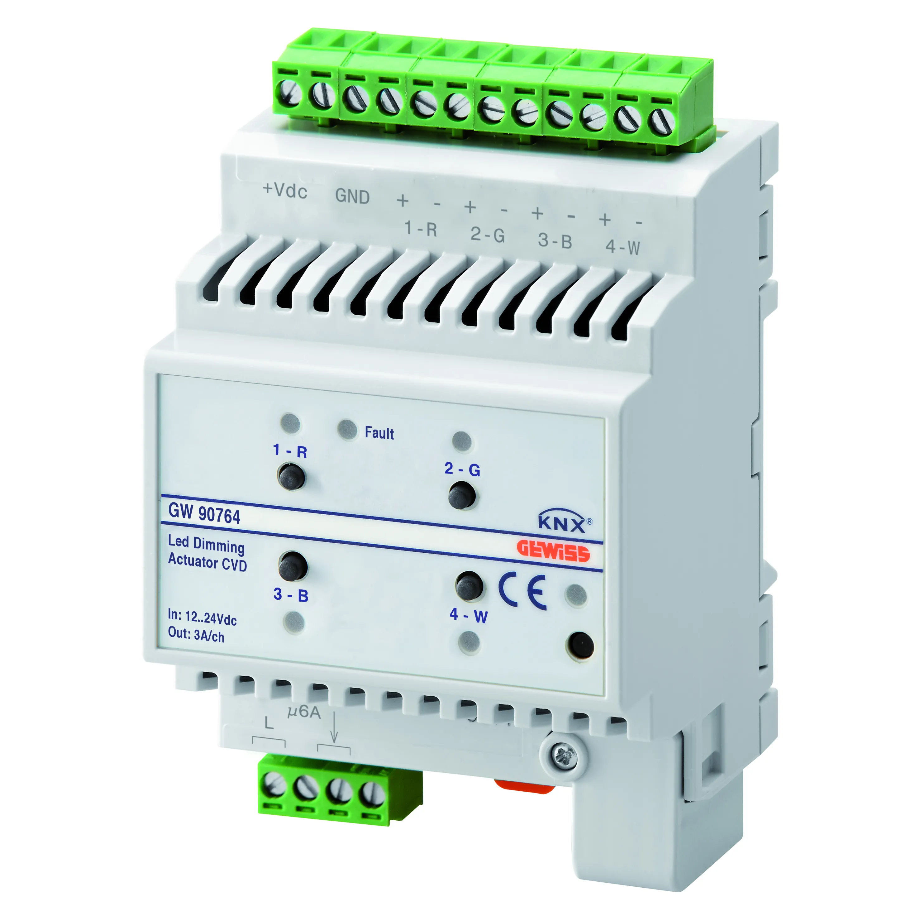Actuator, variator, LED, 12-24Vcc, CVD, 4, canale, KNX, IP20, 4, module, montare, sina, DIN, Gewiss, GW90764