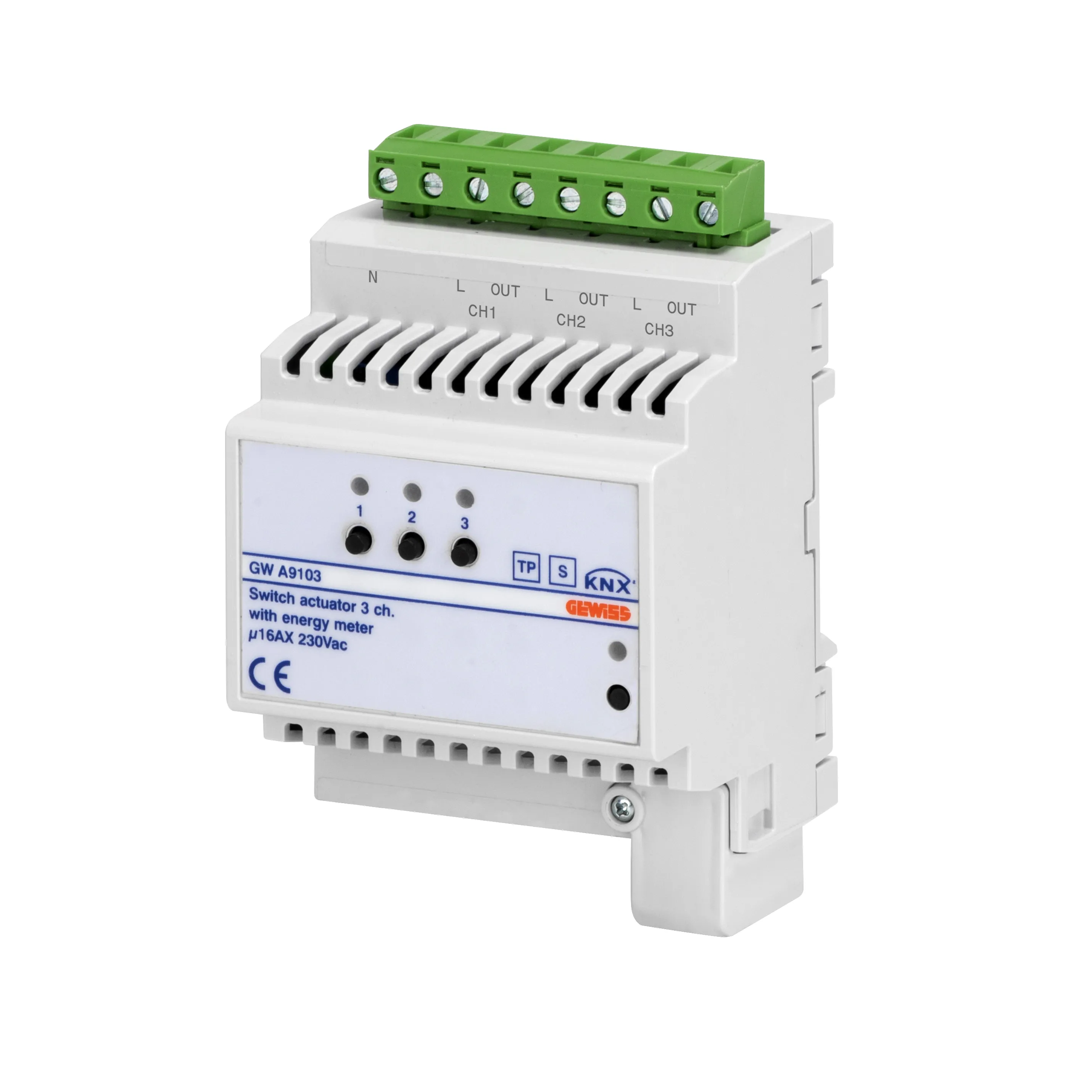 Intrerupator, actionare, contor, energie, 3, canale, 16AX, KNX, IP20, 4, module, montare, sina, DIN, Gewiss, Chorus, GWA9103