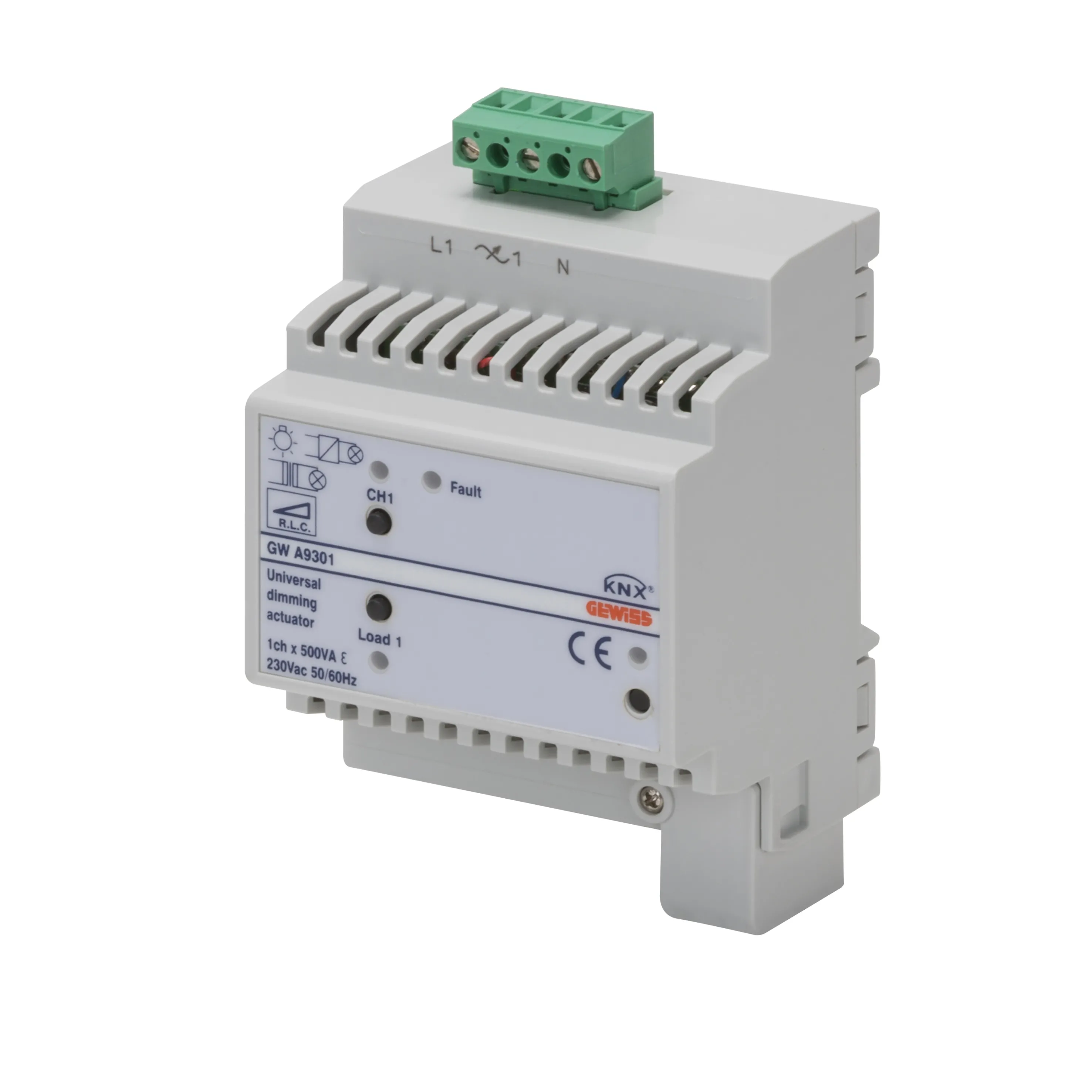 Actuator, universal, dimmer, 1, canal, 500VA, KNX, IP20, 4, module, montare, sina, DIN, Gewiss, GWA9301