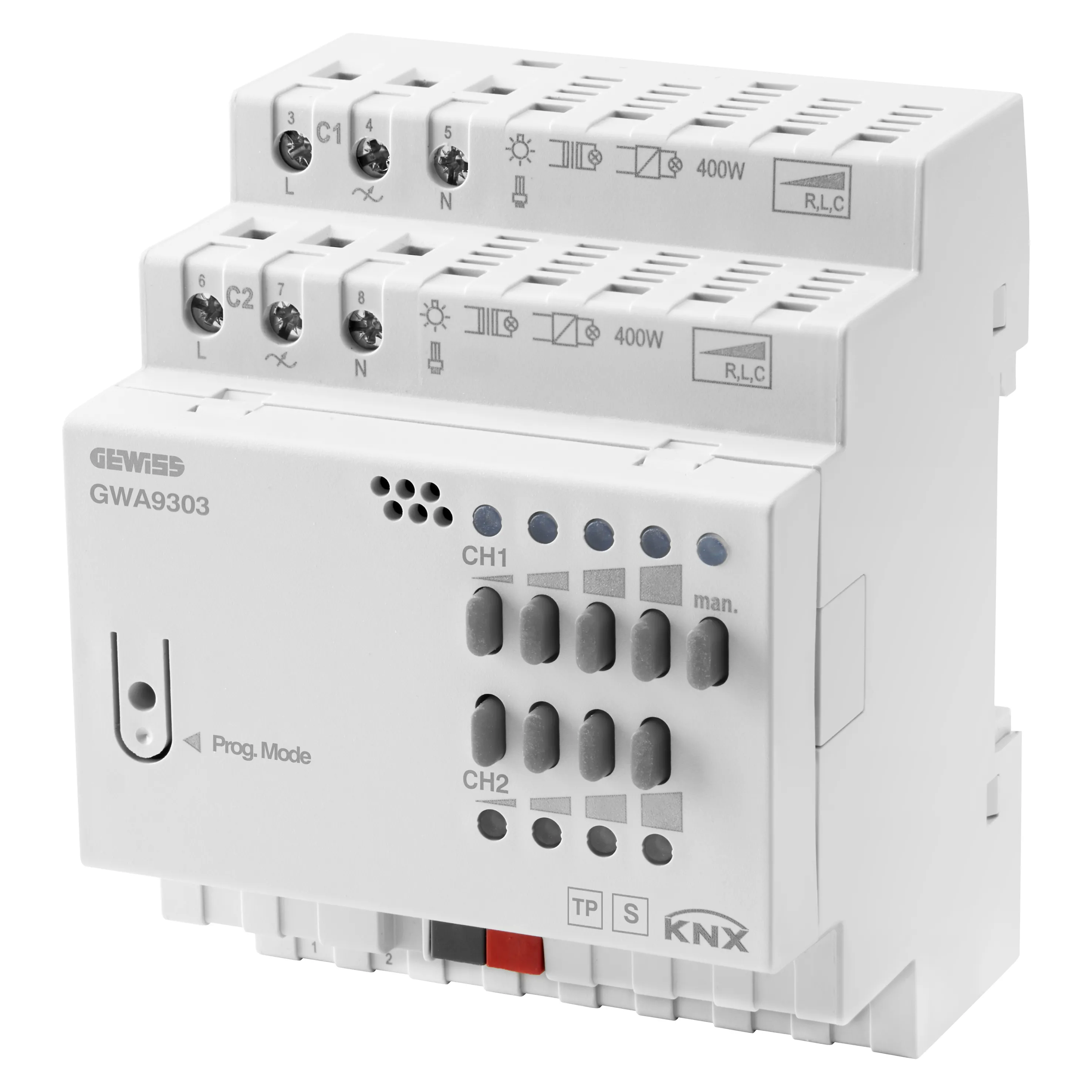 Actuator, universal, dimmer, 2, canale, 400W, per, canal, operare, manuala, KNX, IP20, 4, module, montare, sina, DIN, Gewiss, GWA9303