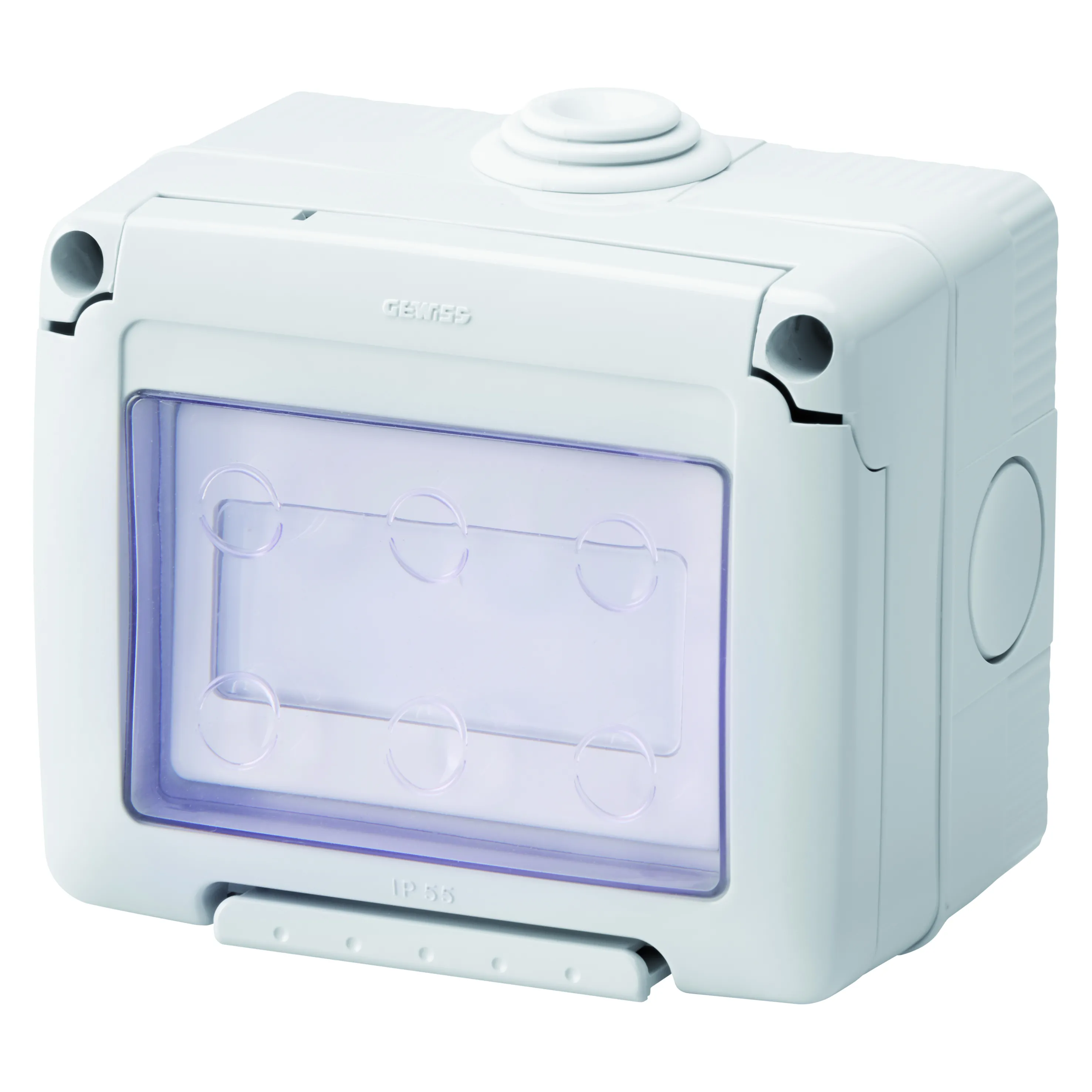 Carcasa, Etansa, Cu, Dispozitive, De, Sistem, Cu, Buton, 1P, No, 10A, Placuta, De, Identificare, Iluminabila, IP55, Gri, Ral, 7035, Gewiss, System, GW27836