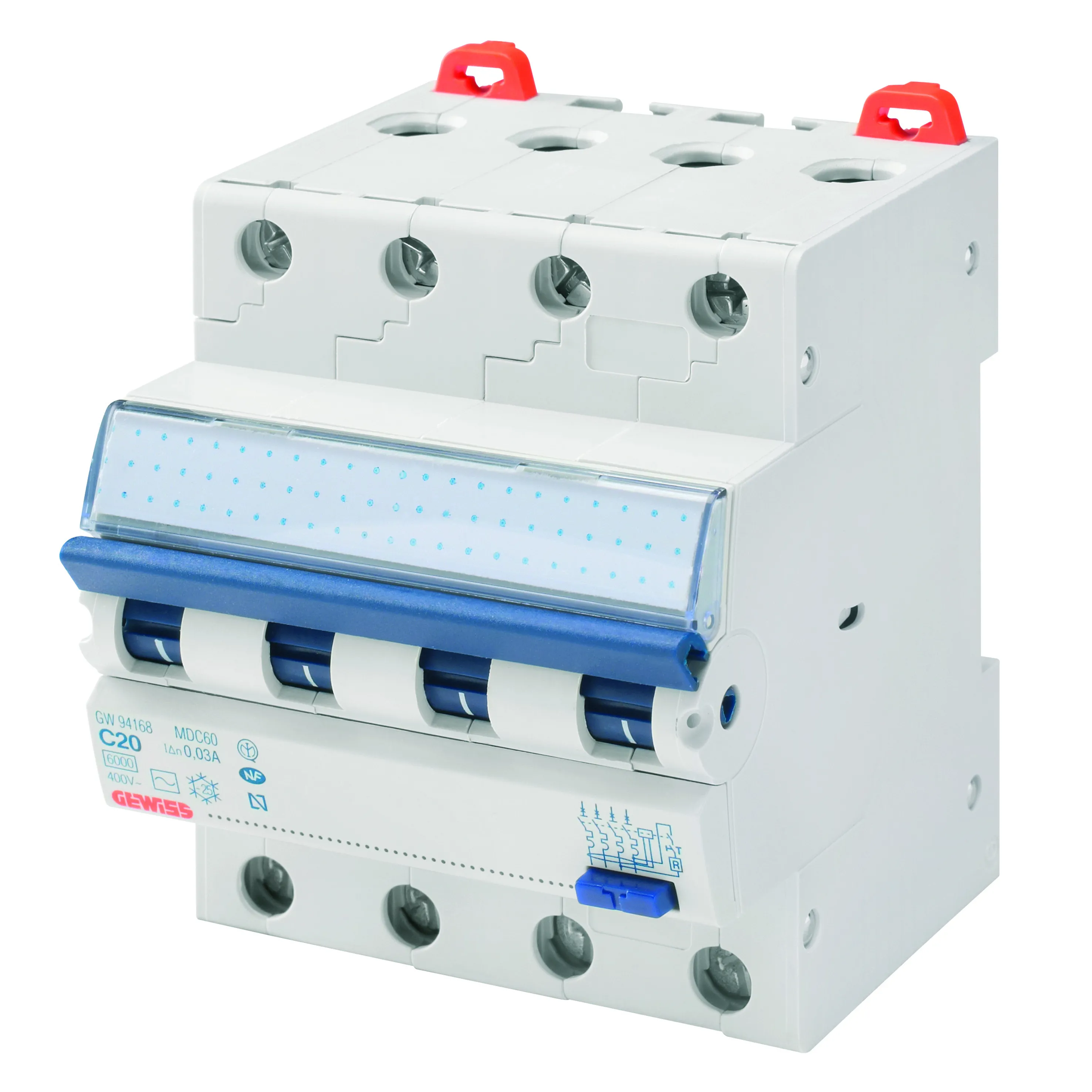 Intrerupator Automat Diferential RCBO Siguranta MDC 45 Curba C 4P 20A Tip Ac Idn=30mA 4 Module Gewiss GW94068