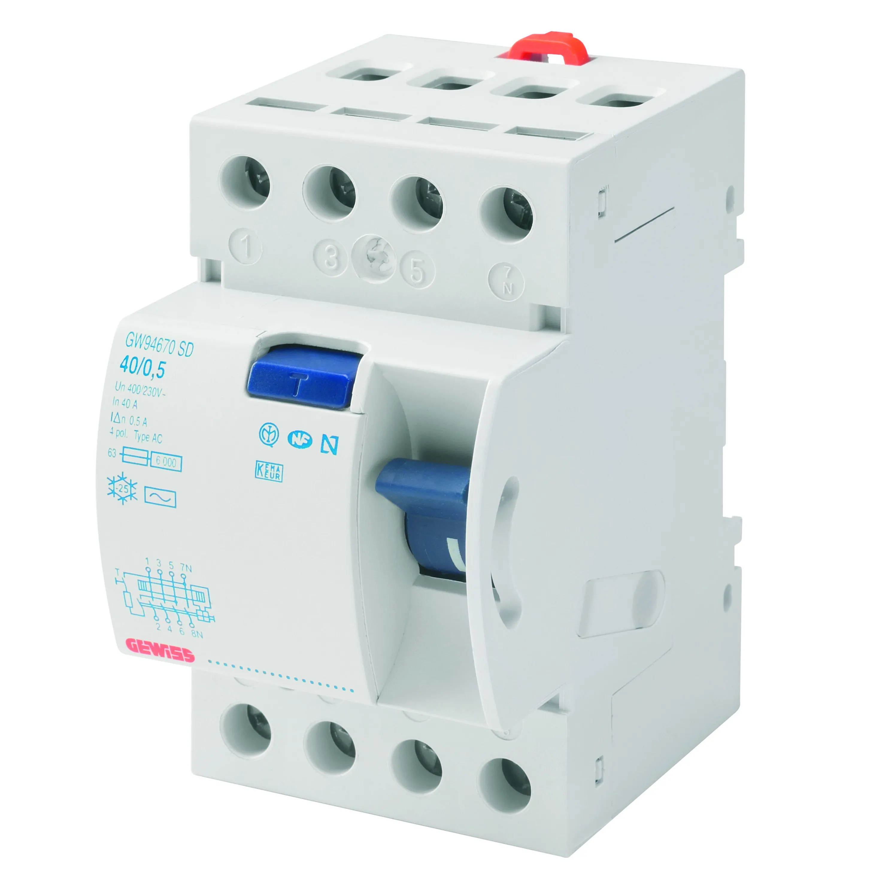 Intrerupator Diferential PUR RCCB Idp  4P 40A Tip A Instantaneu Idn=100mA 3 Module Gewiss GW94898