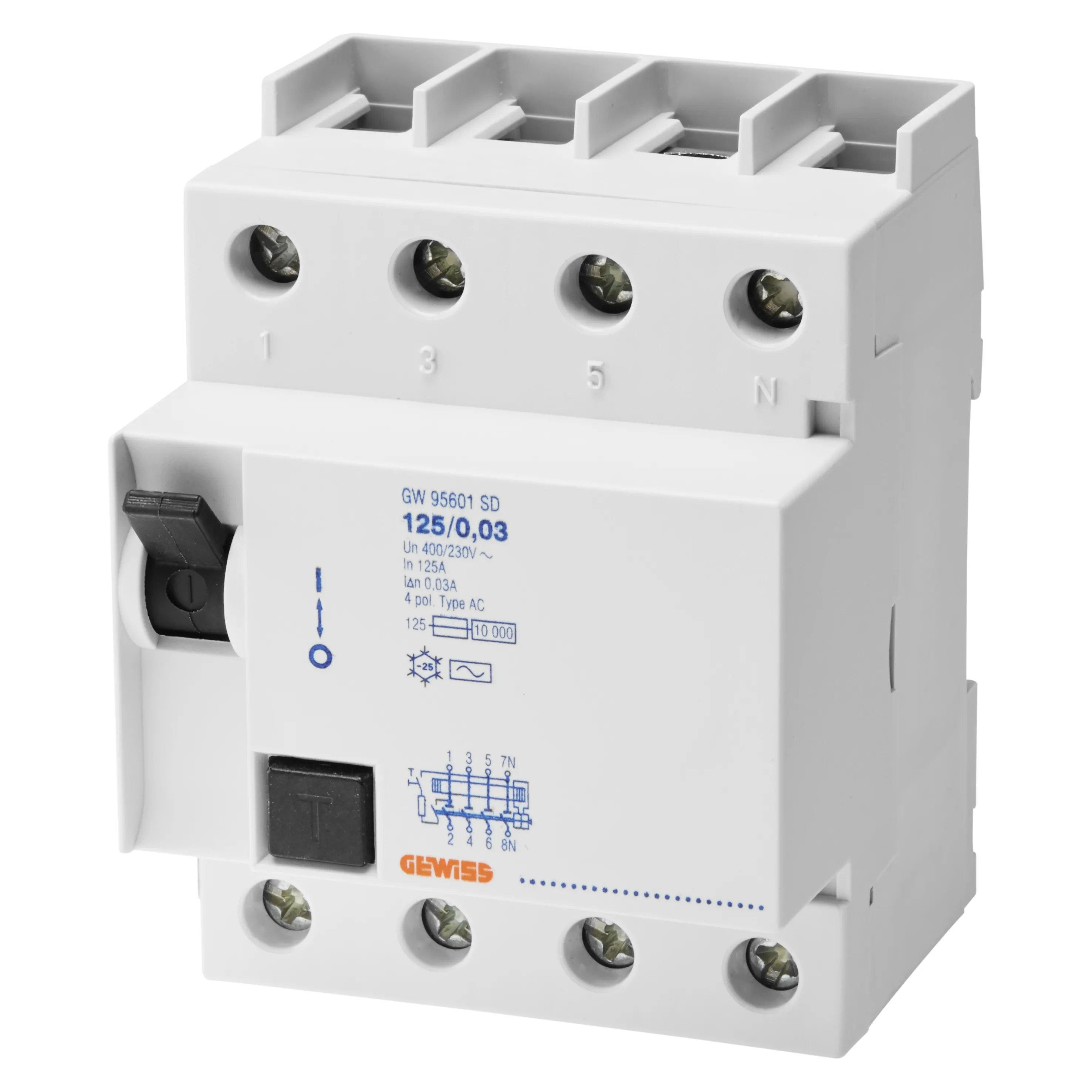 Intrerupator, Diferential, PUR, RCCB, Idp, , 4P, 125A, Tip, Ac, Instantaneu, Idn=30mA, 4, Module, Gewiss, GW95601