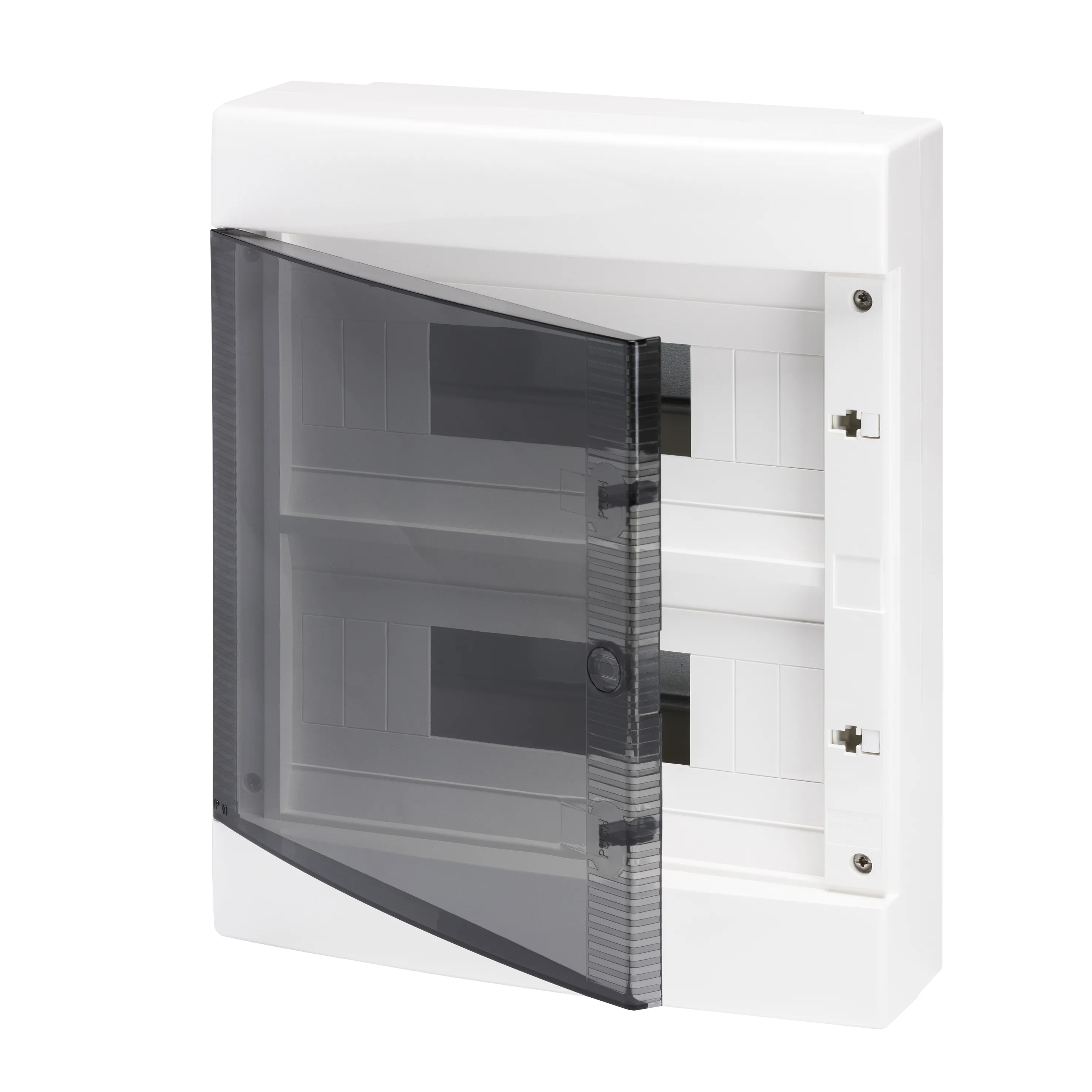 Tablou de Distributie Montaj Aparent cu Usa Transparenta Fumurie - cu Bloc Terminal N 2 X [(3X16)+(11X10)] E 2 X [(3X16)+(11X10)] - (12X2) 24 Module IP40 Gewiss GW40047BD