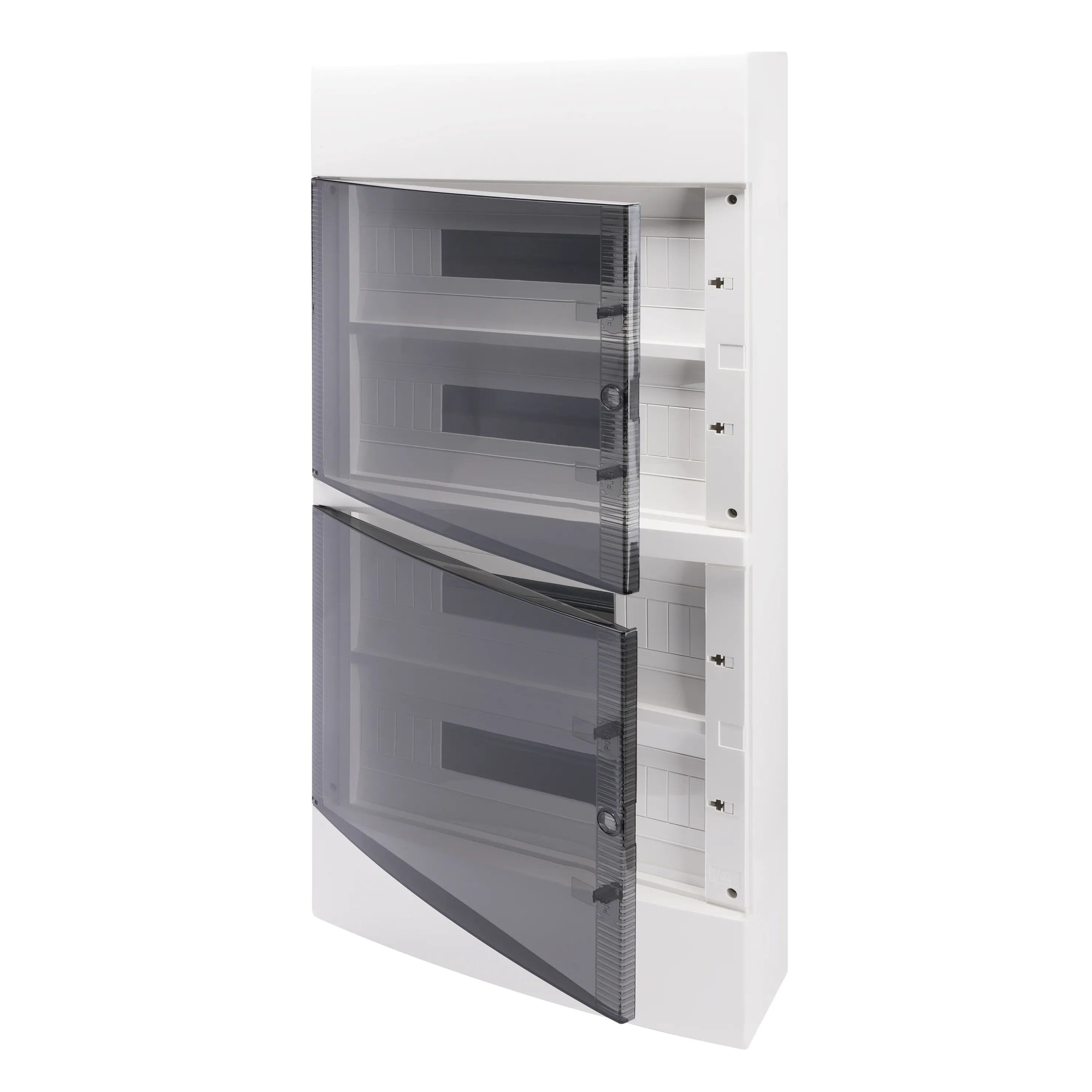 Tablou de distributie montaj aparent cu usa transparenta fumurie - cu bloc terminal n 4 x [(3x16)+(17x10)] e 4 x [(3x16)+(17x10)] - (18x4) 72 module 