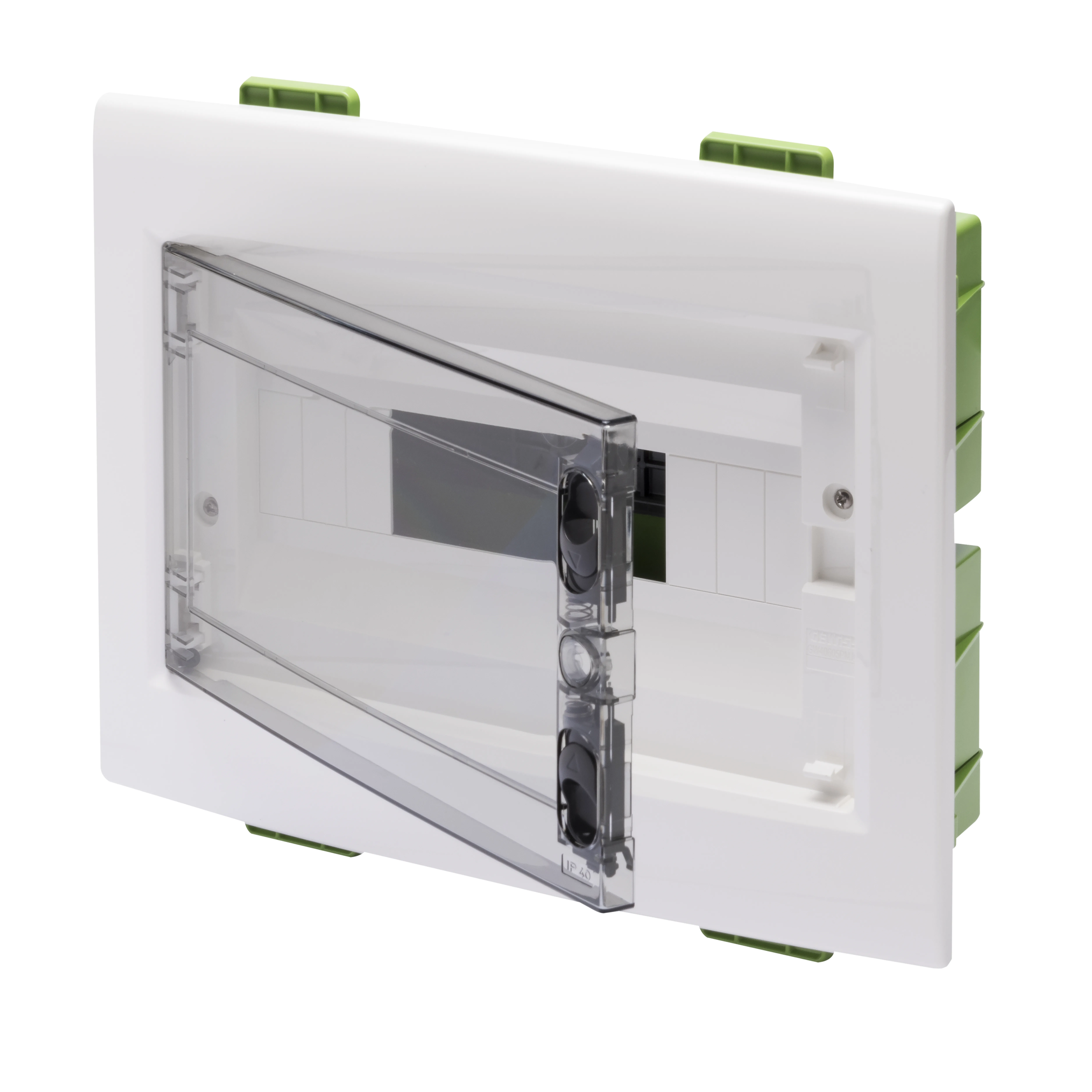 Tablou de distributie - perete verde - pentru pereti mobili si din gips-carton - cu panou cu usa fumurie si cadru extractibil - 12 module ip40 gewiss 