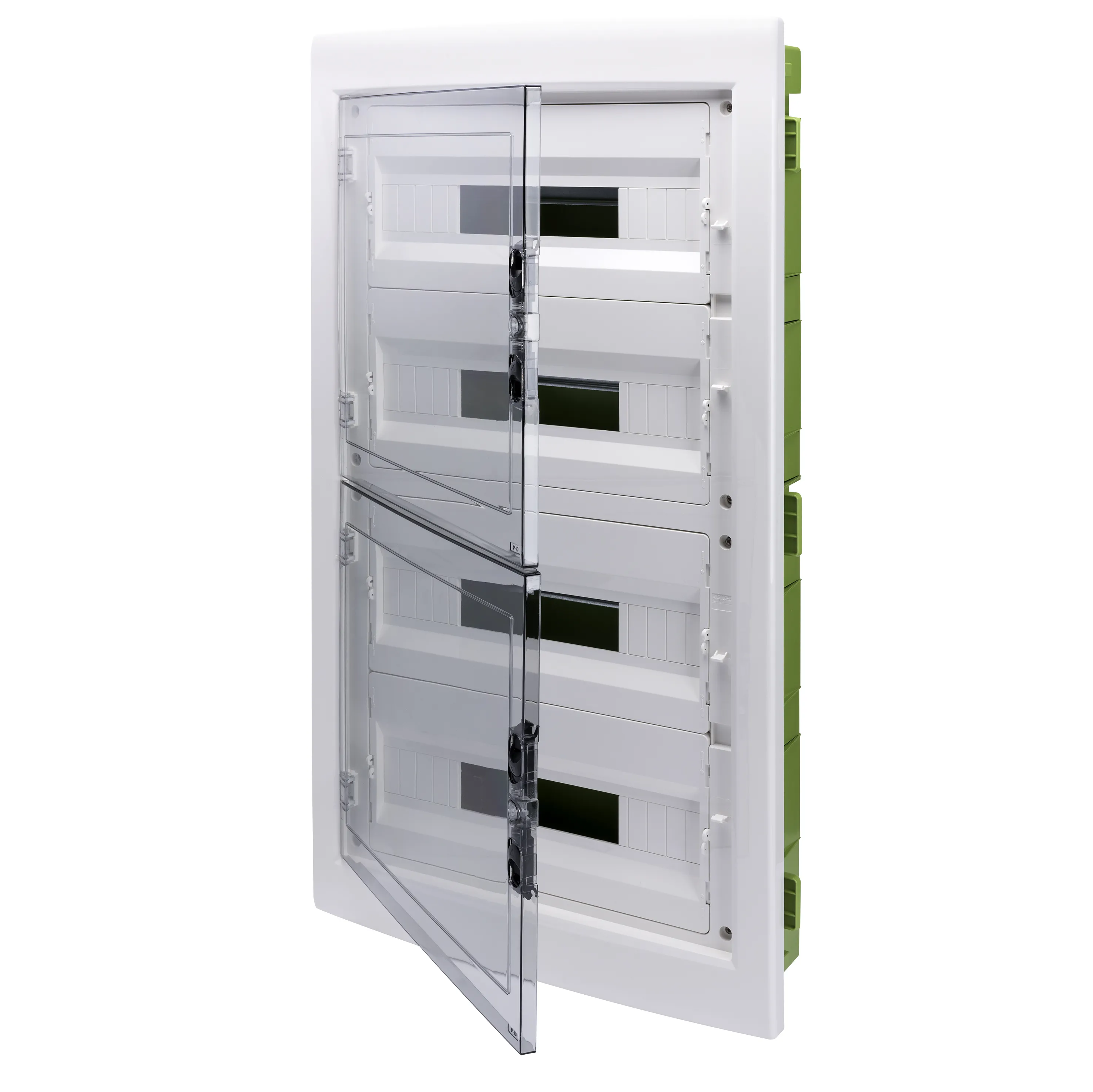 Tablou de distributie - perete verde - pentru pereti mobili si din gips-carton - cu panou cu usa fumurie si cadru extractibil - 72 (18x4) module ip40 