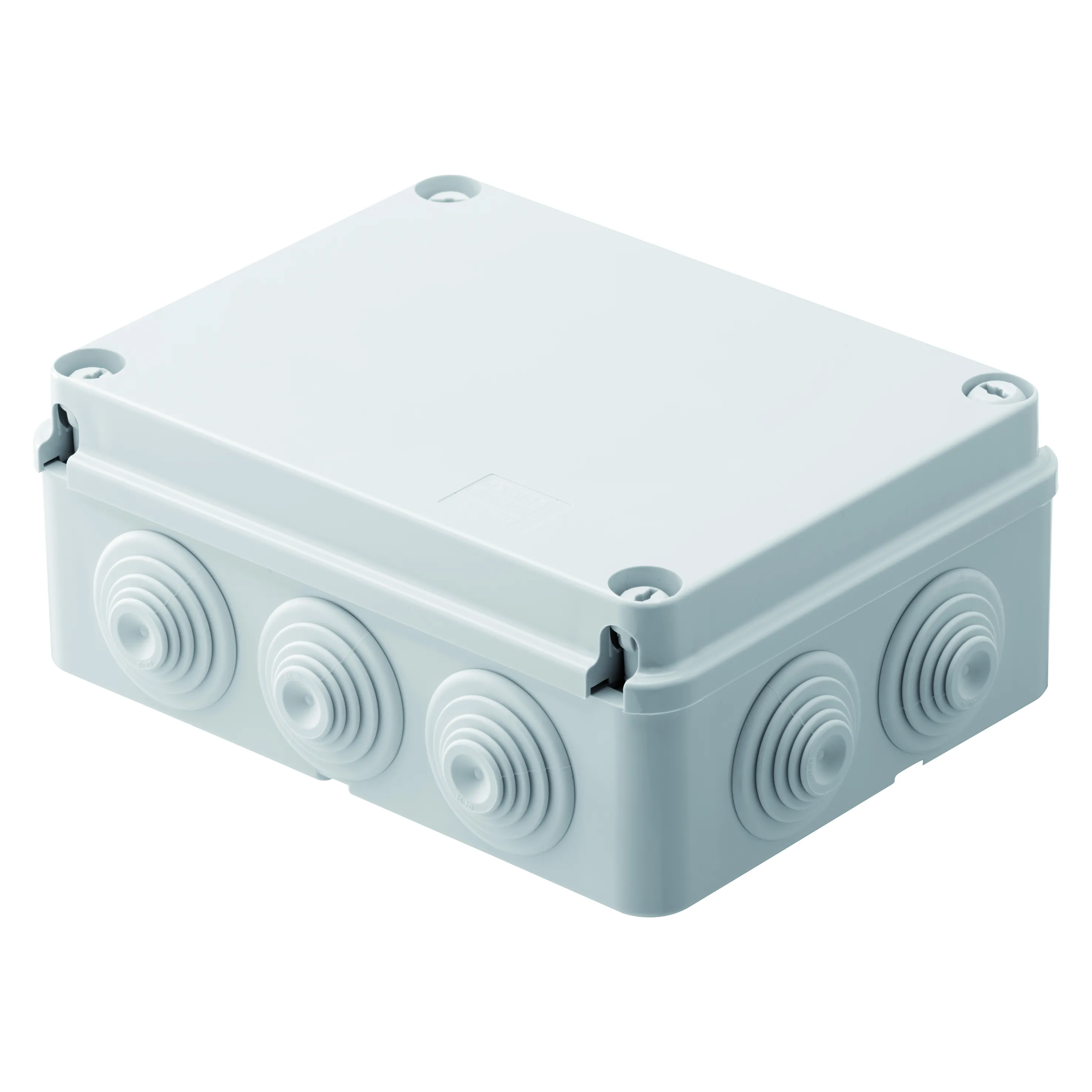 Cutie de jonctiune doza cu capac simplu insurubat ip55 dimensiuni interne 190x140x70 pereti cu presetupe gwt 960oc gri ral 7035 gewiss gw44057