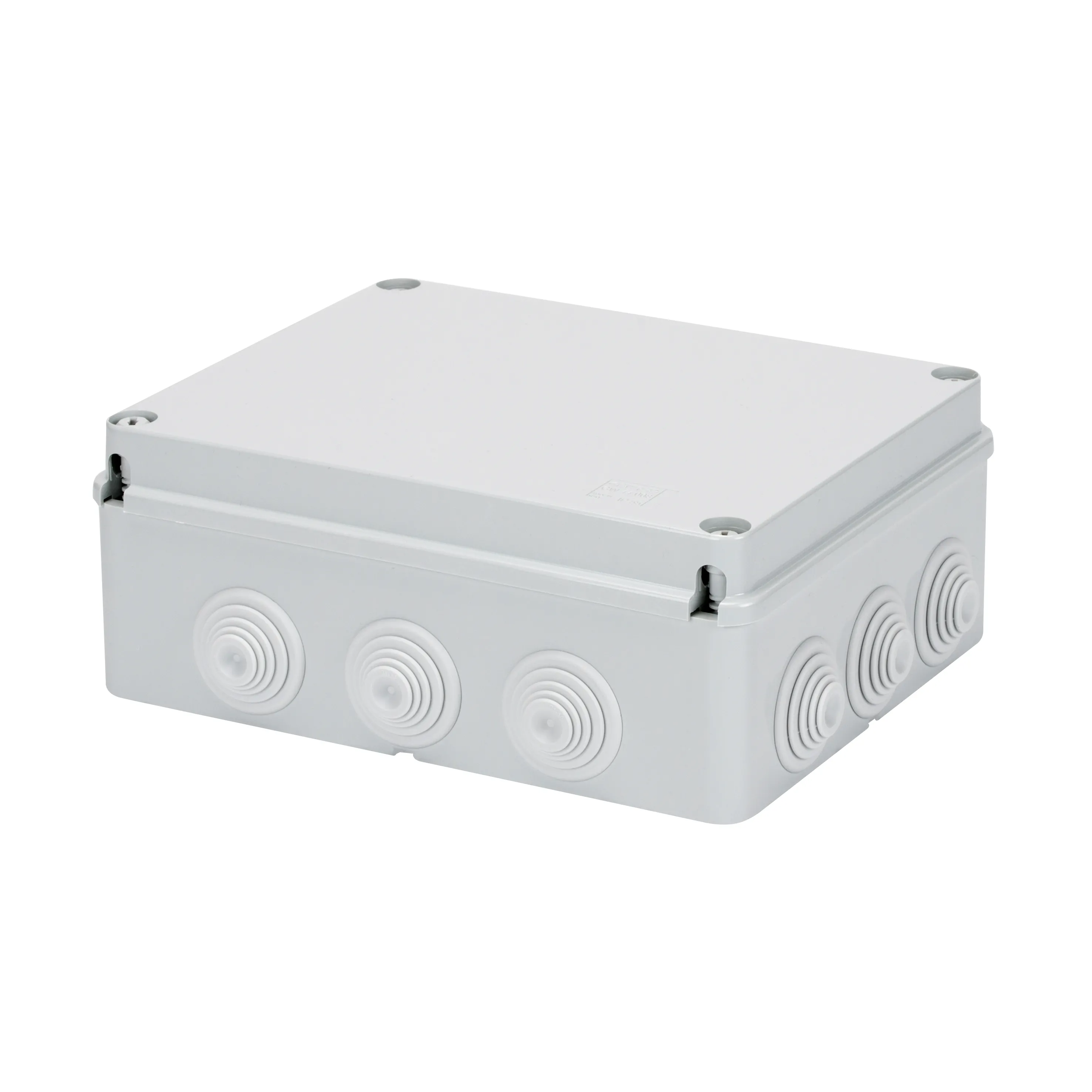 Cutie de jonctiune doza cu capac simplu insurubat ip55 dimensiuni interne 300x220x120 pereti cu presetupe gwt 960oc gri ral 7035 gewiss gw44059