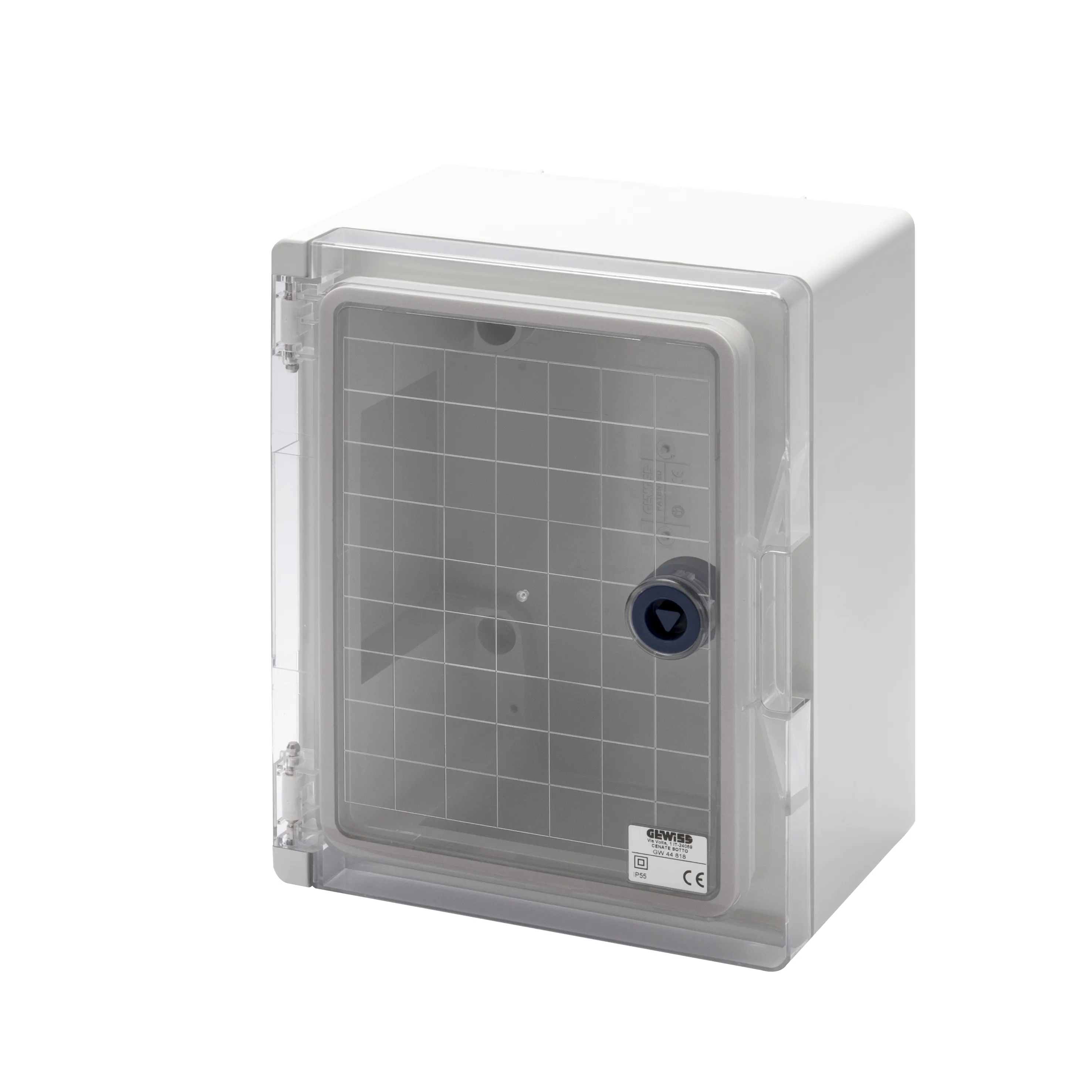 Placa etansa cu usa transparenta prevazuta cu incuietoare gwplast 120 200x254x135 ip55 gri ral 7035 gewiss gw44818