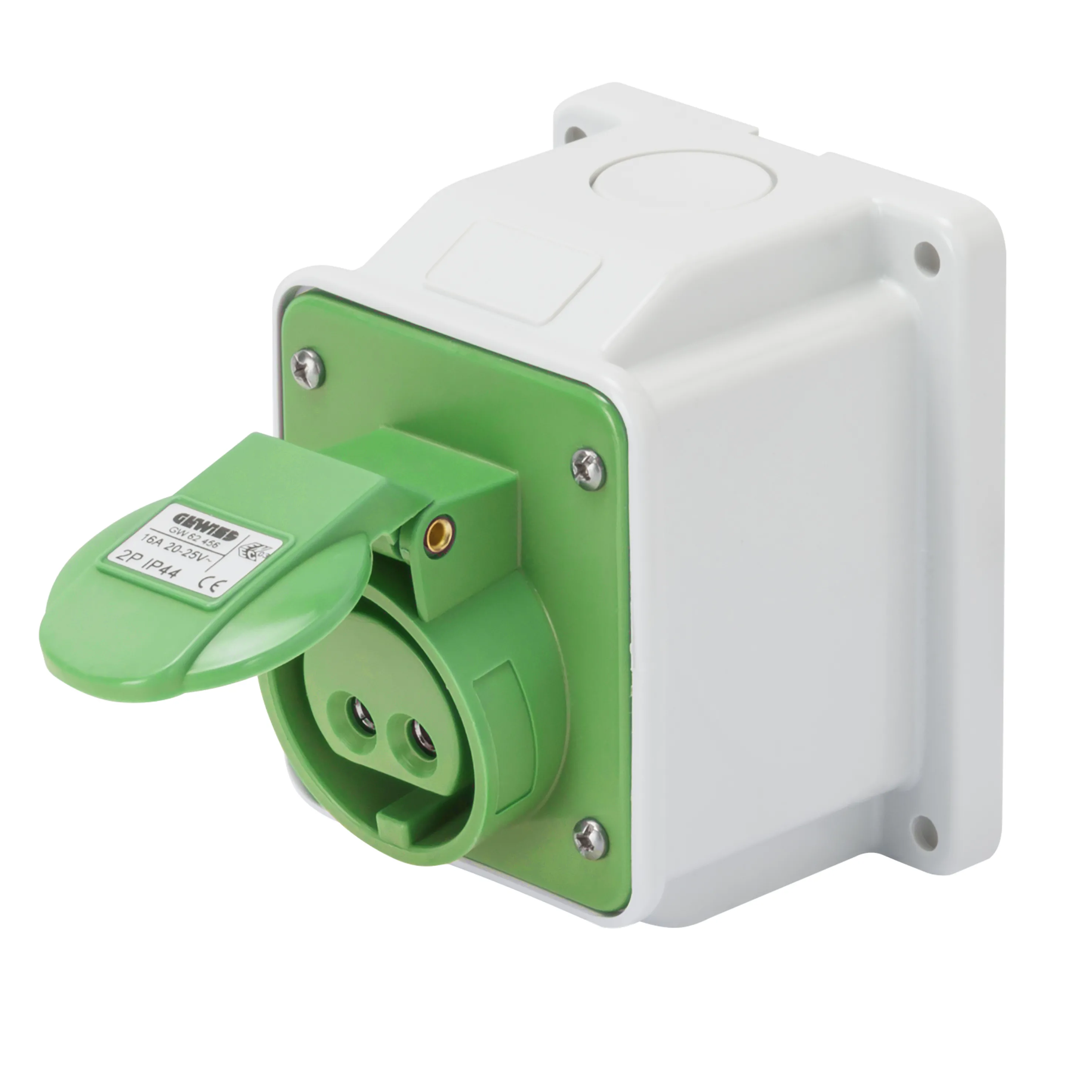 Priza cu Montaj Aparent In Unghi De 10° IP44 2P 32A 20-25V Si 40-50V 100-200Hz Verde 4H Cablaj Cu Surub Gewiss GW62469