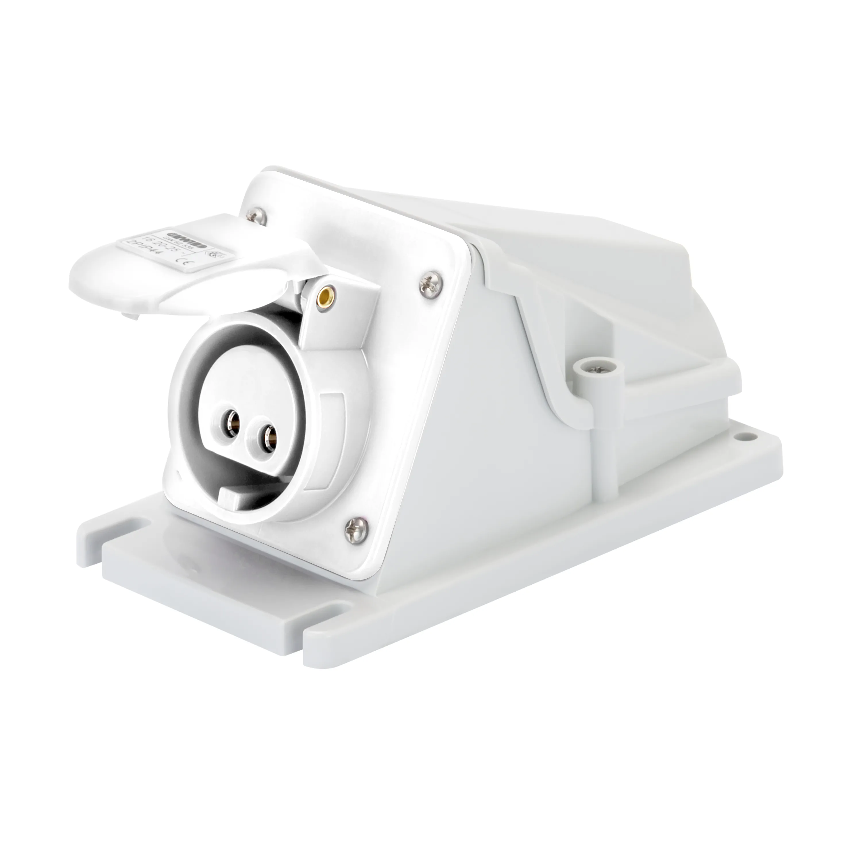 Priza cu Montaj Aparent In Unghi De 90° IP44 2P 16A 20-25V Si 40-50V C.C. Alb 10H Cablaj Cu Surub Gewiss GW62546