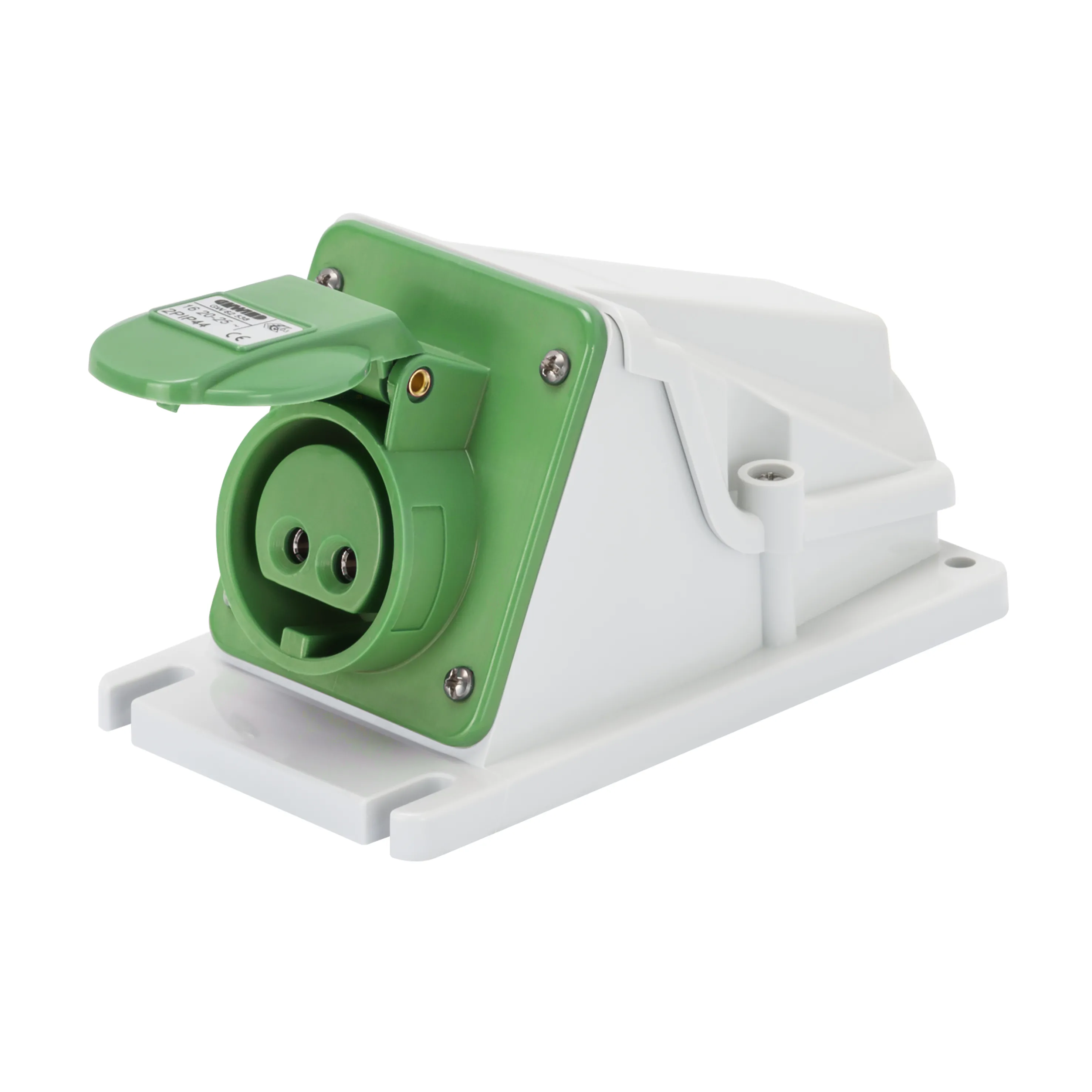Priza cu Montaj Aparent In Unghi De 90° IP44 3P 32A 20-25V Si 40-50V 100-200Hz Verde 4H Cablaj Cu Surub Gewiss GW62552