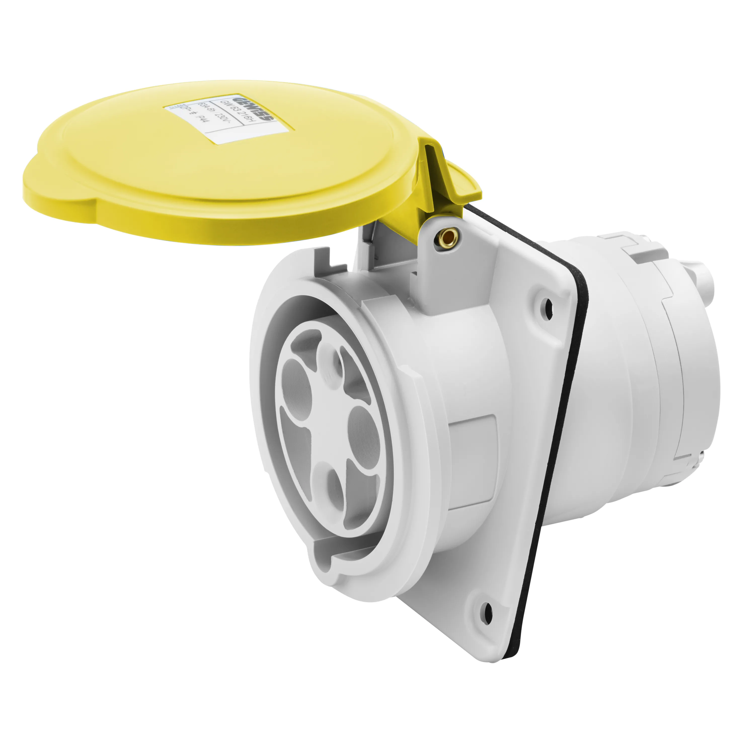 Priza cu montaj incastrat in unghi de 10° hp ip44/ip54 3p+n+e 63a 100-130v 50/60hz galben 4h terminal manta gewiss gw63215h