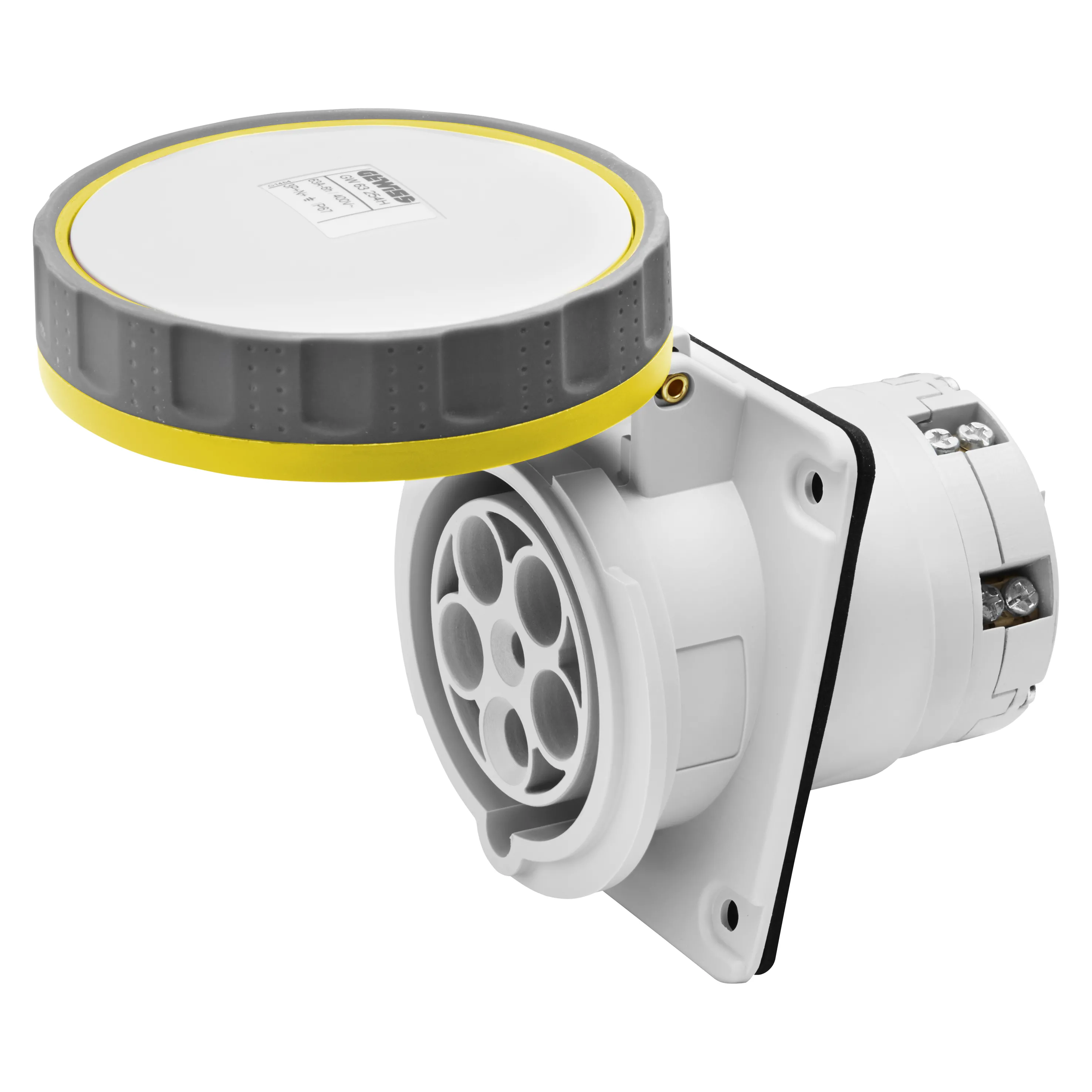 Priza cu montaj incastrat in unghi de 10° hp ip66/ip67 3p+e 63a 100-130v 50/60hz galben 4h terminal manta gewiss gw63247h
