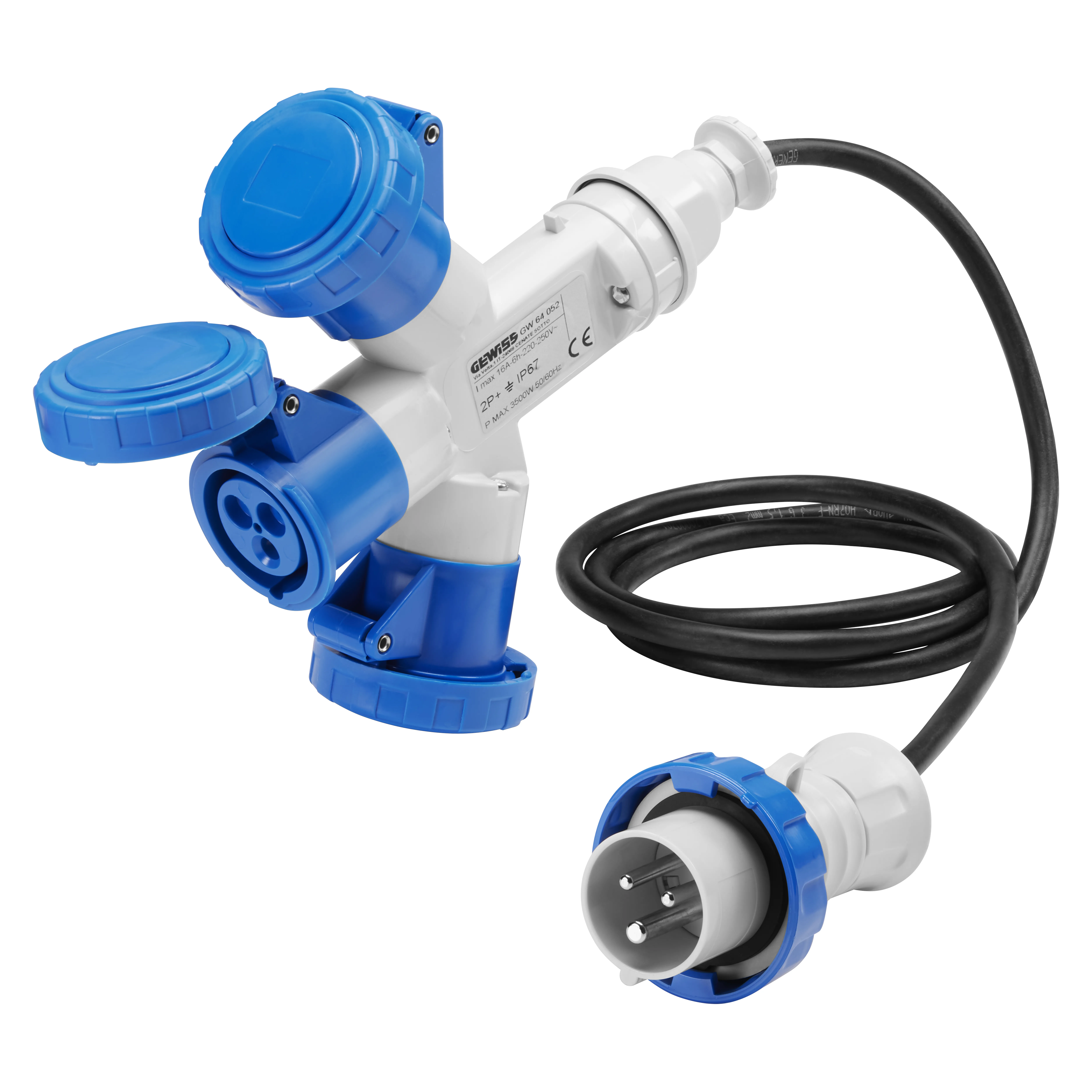 MultIPle Socket-Couplers 3 Iesiri IP67 Cablu Flexibil 2M Fisa 16A 2 Prize 2P+E 230V 50/60Hz Albastru 6H Gewiss GW64052