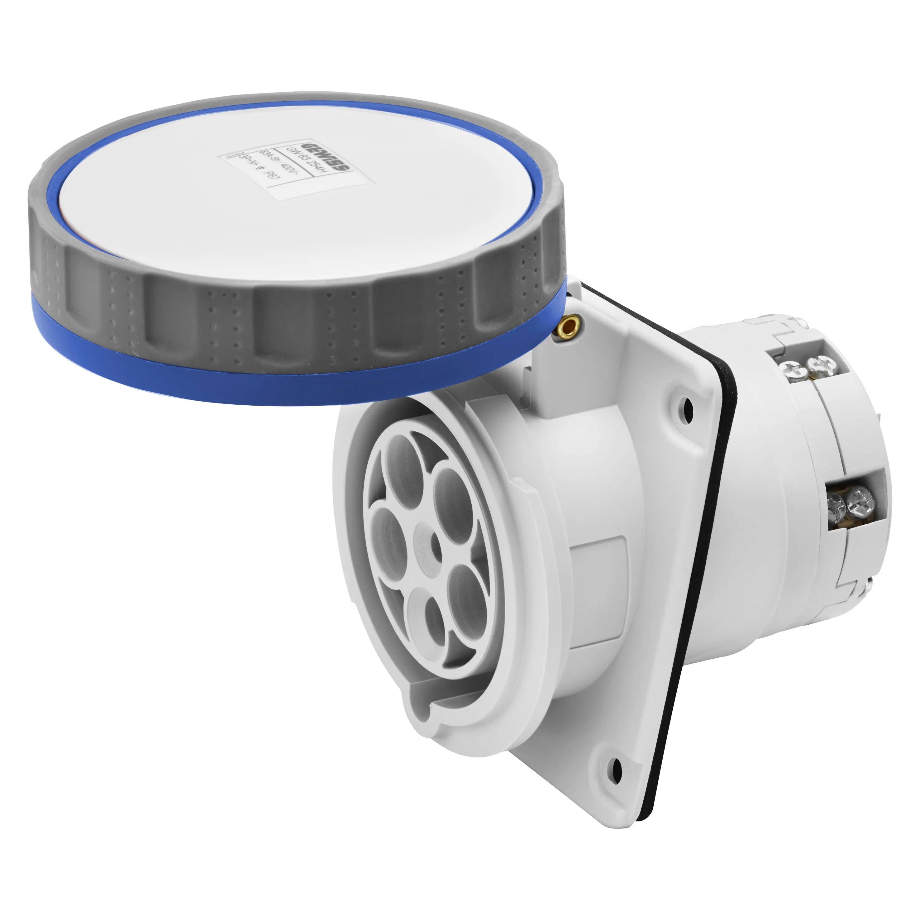 Priza cu montaj incastrat in unghi de 10° hp ip66/ip67 3p+n+e 63a 200-250v 50/60hz albastru 9h terminal manta gewiss gw63251h