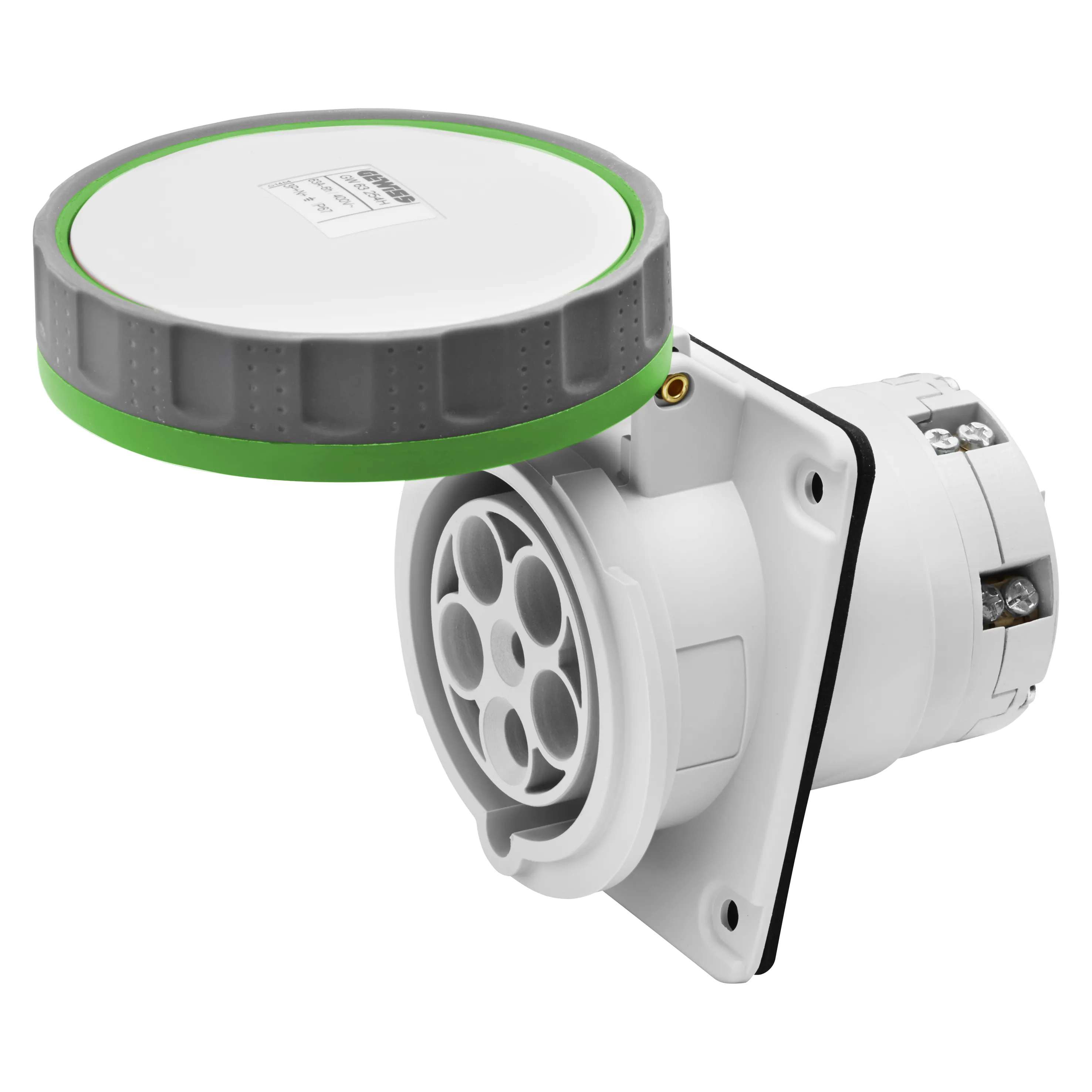 Priza Cu Montaj Incastrat In Unghi De 10° HP IP66/IP67 3P+N+E 63A >50V > 300-500Hz Verde 2H Terminal Manta Gewiss GW63265H