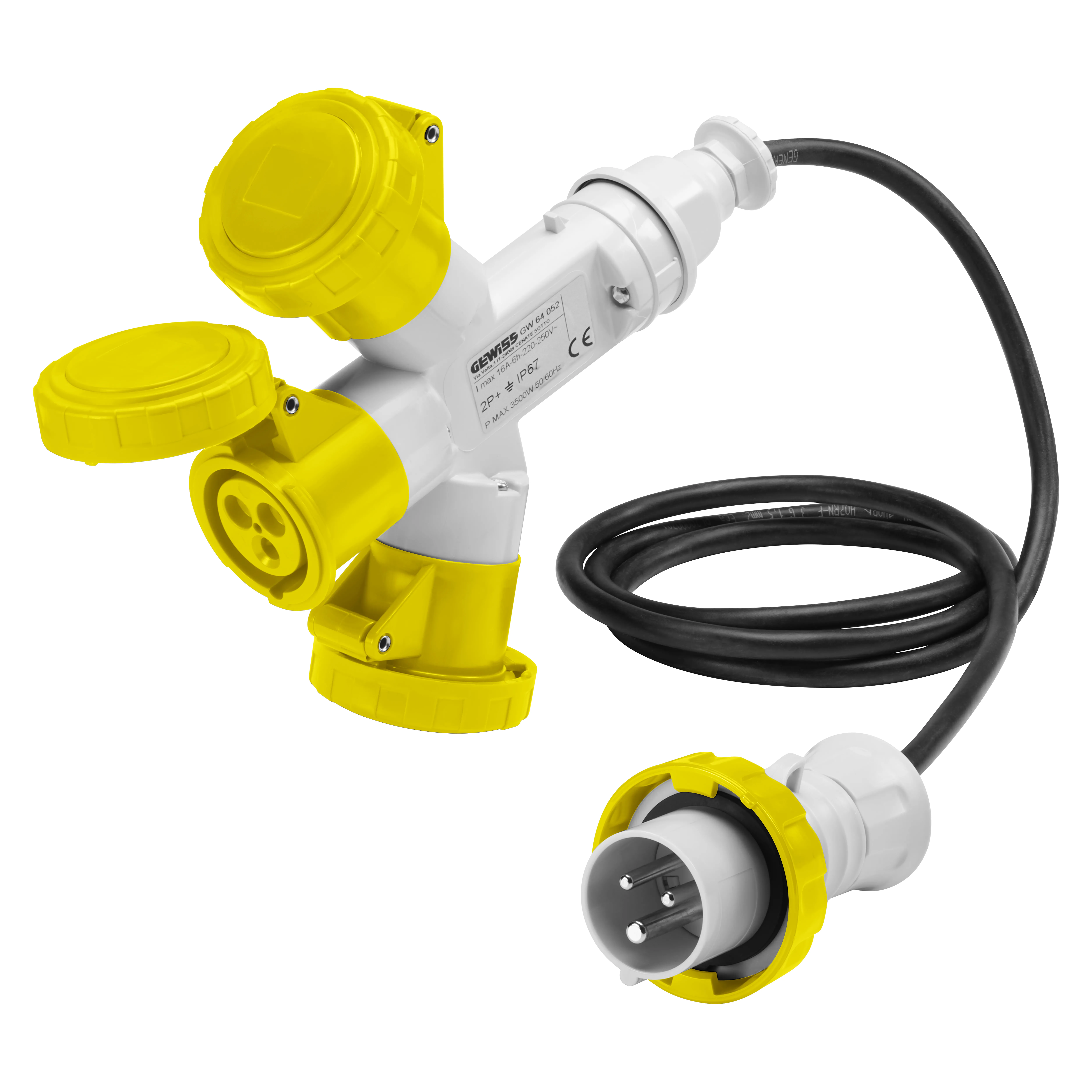 MultIPle Socket-Couplers 3 Iesiri IP67 Cablu Flexibil 2M Fisa 16A 2 Prize 2P+E 110V 50/60Hz Galben 4H Gewiss GW64050 