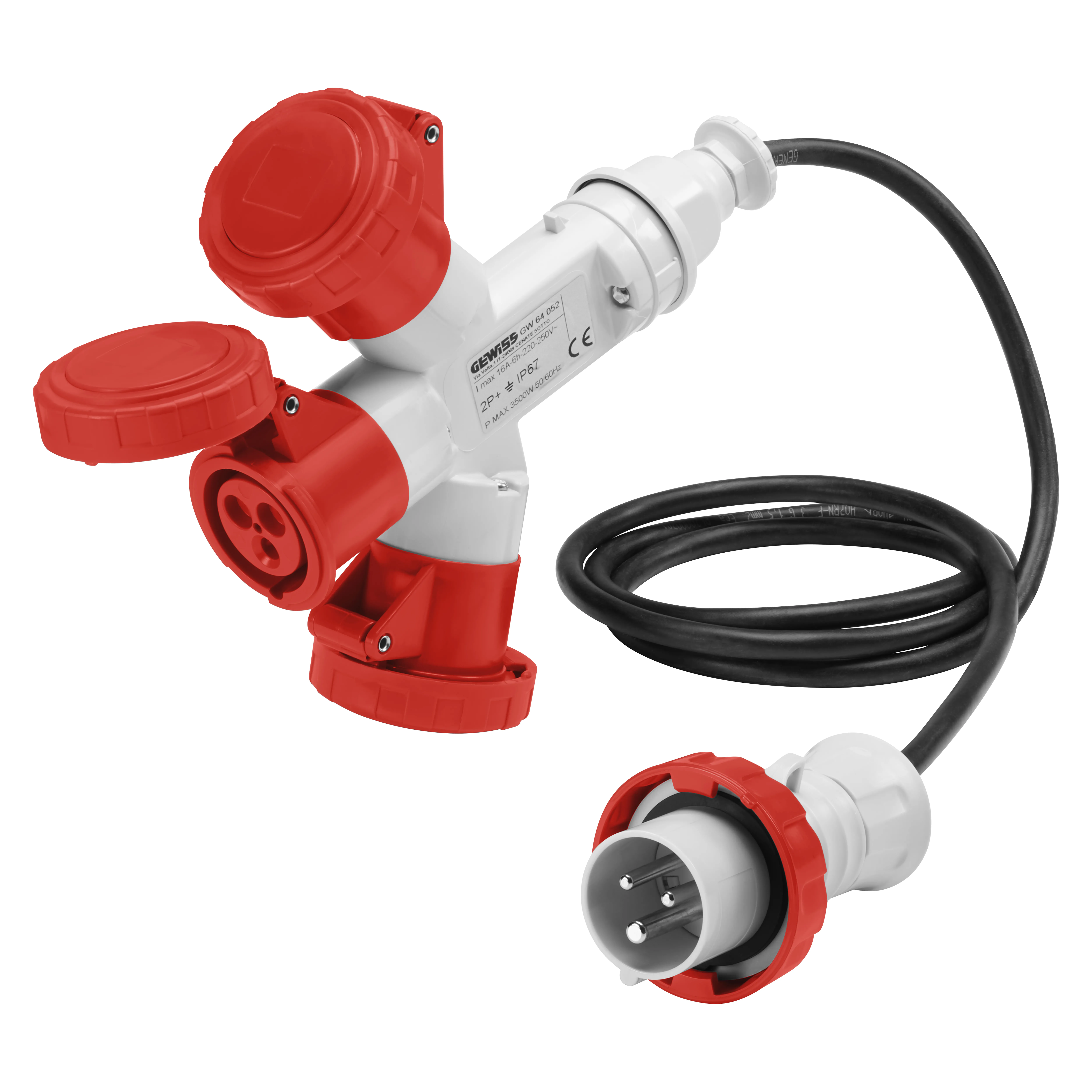 Multiple socket-couplers 3 iesiri ip67 cablu flexibil 2m fisa 16a 2 prize 3p+e 400v 50/60hz rosu 6h gewiss gw64055