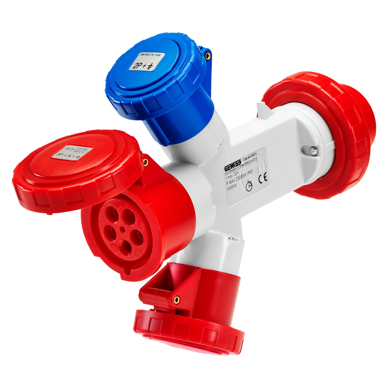 Adaptor MultIPle-Socket IP67 Fisa 3P+N+E 16A 400V C.A. 50/60Hz 1 Priza 2P+E 32A 230V C.A. + 1 3P+E 16A 400V C.A. + 1 3P+N+E 16A 400V C.A. Gewiss GW64063