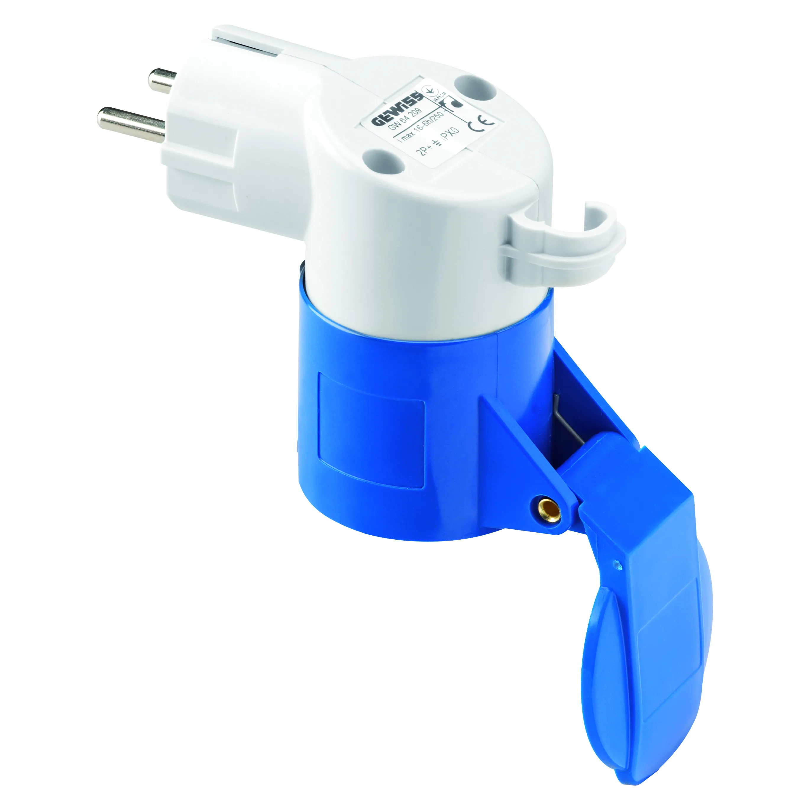 Adaptor Sistem De La Interior La Industrial IP44 Fisa 2P+E 16A 250V C.A. 50/60Hz Germana/Franceza Priza 2P+E 16A 230V C.A. Gewiss GW64209