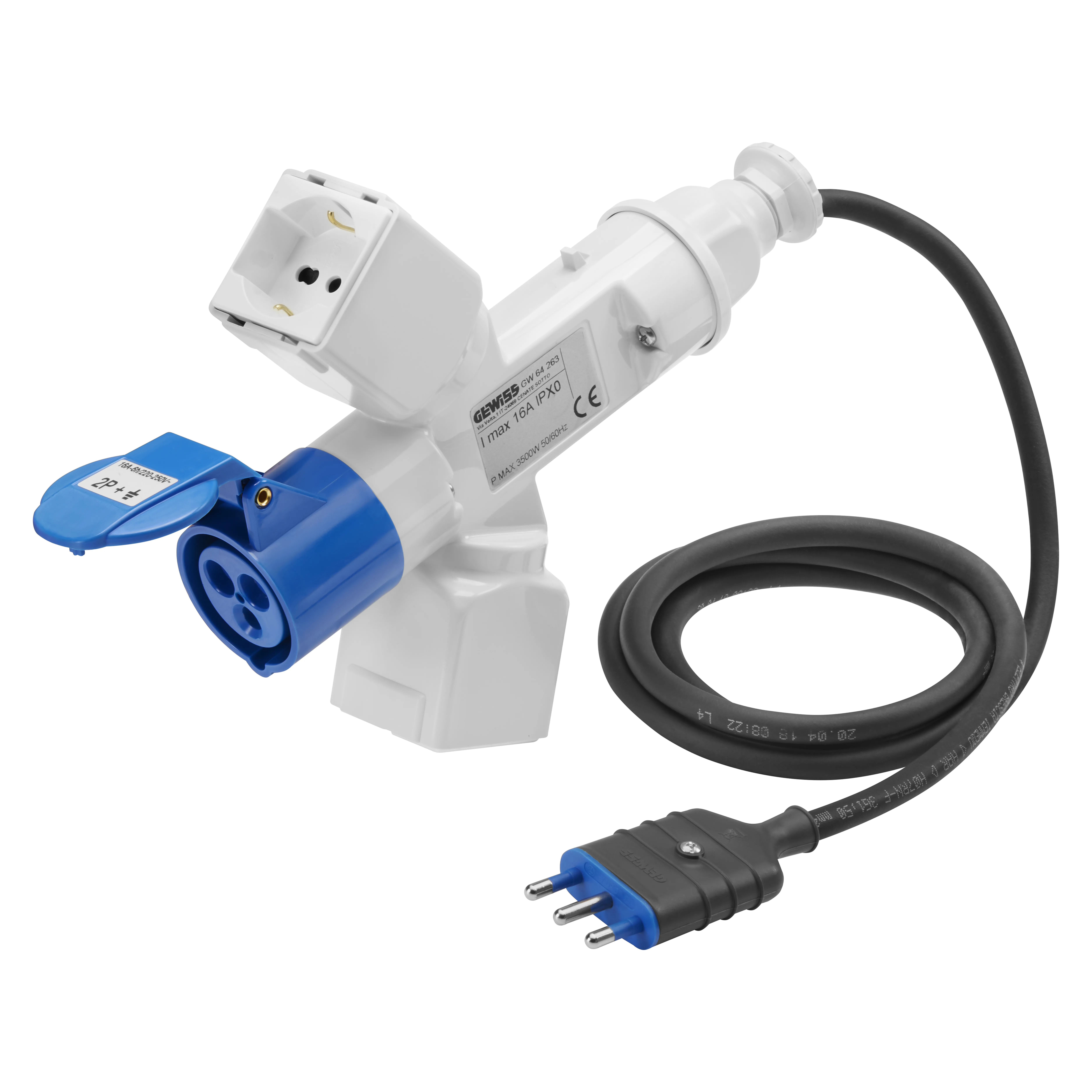 Adaptor Ramificat IP44 2 Prize Ramificate Cablate Cu Cablu Si Stecher Fisa 2P+E 16A S17 2 (P17/11) + 1 (P30-P17) + 1 Priza 2P+E 16A 230V C.A. Gewiss GW64263