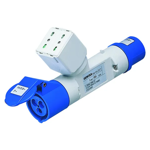 Adaptor Ramificat IP44 1 Priza Ramificata Cablata Fisa 2P+E 16A 230V C.A. 50/60Hz 1 Priza 2P+E 16A Dual Amp (P30/P17) + 1 2P+E 16A 230V C.A. Gewiss GW64222