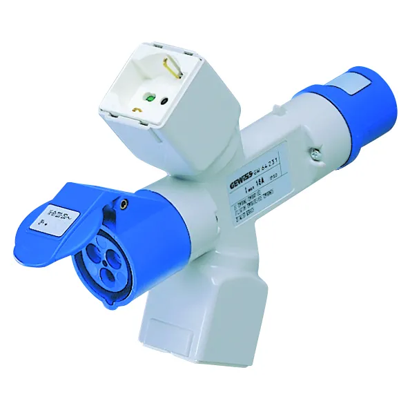 Adaptor Ramificat IP44 2 Prize Ramificate Cu Fir Fisa 3P+N+E 16A 400V C.A. -50/60Hz 2 Prize (P17/11) + 1 (P30-P17) + 1 3P+N+E 16A 400V C.A. Gewiss GW64236