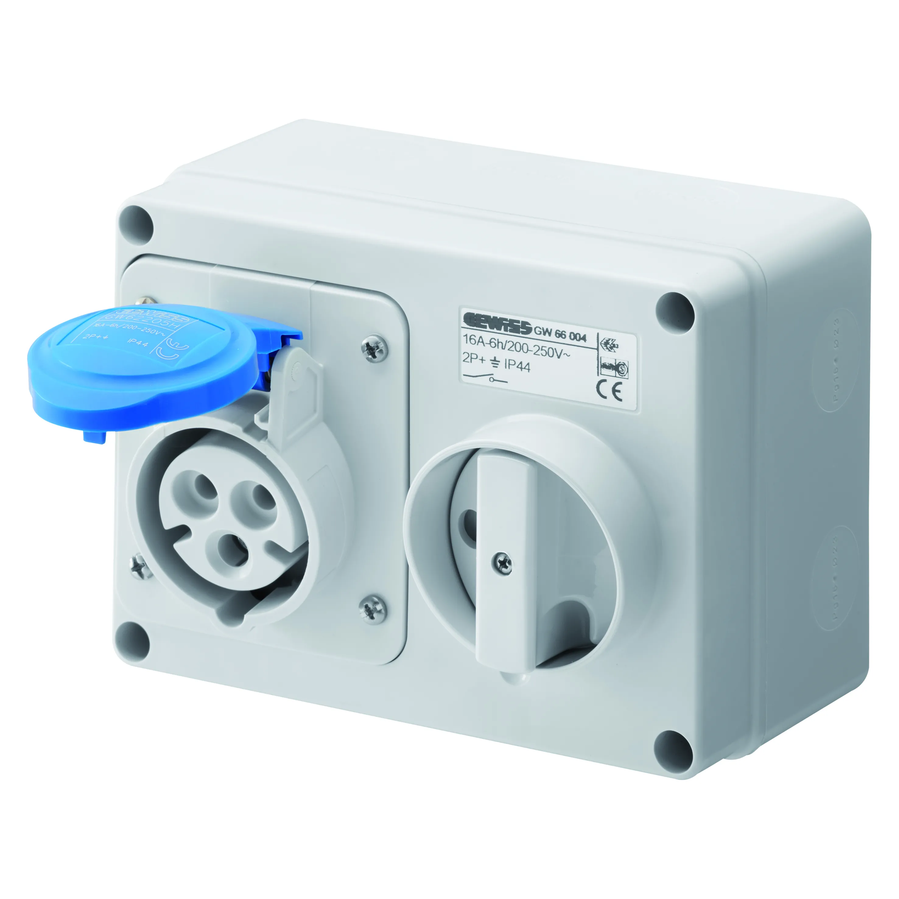 Priza Orizontala Interblocata Fixa Cu Partea Inferioara Fara Baza Suport De Alimentare 2P+E 16A 200-250V 50/60Hz 6H IP44 Gewiss GW66004
