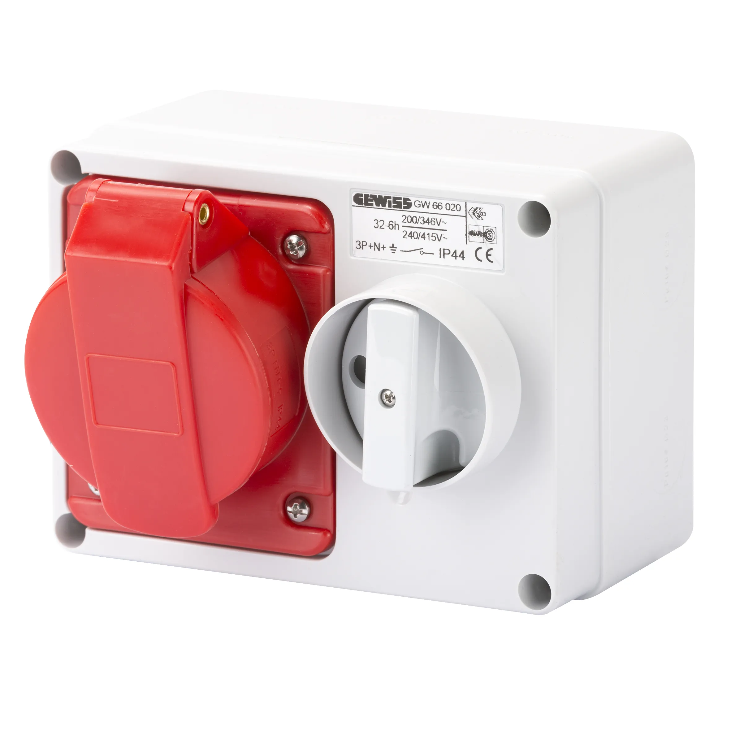 Priza orizontala interblocata fixa cu partea inferioara fara baza suport de alimentare 2p+e 32a 380-415v 50/60hz 9h ip44 gewiss gw66018