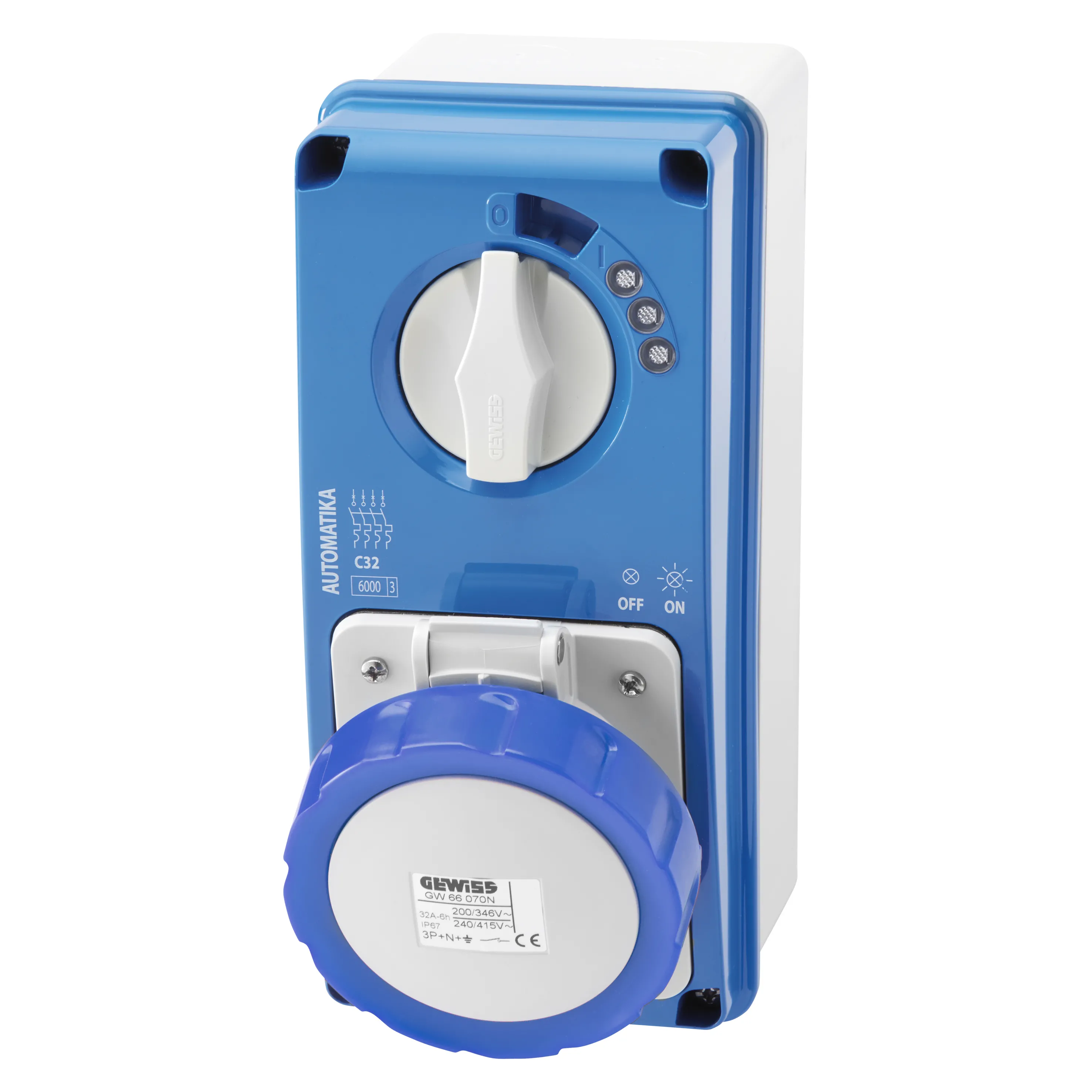 Priza fixa interblocata verticala automatika curba mt 6ka c cu fund 3p+e 32a 230v 9h ip67 gewiss gw66066n