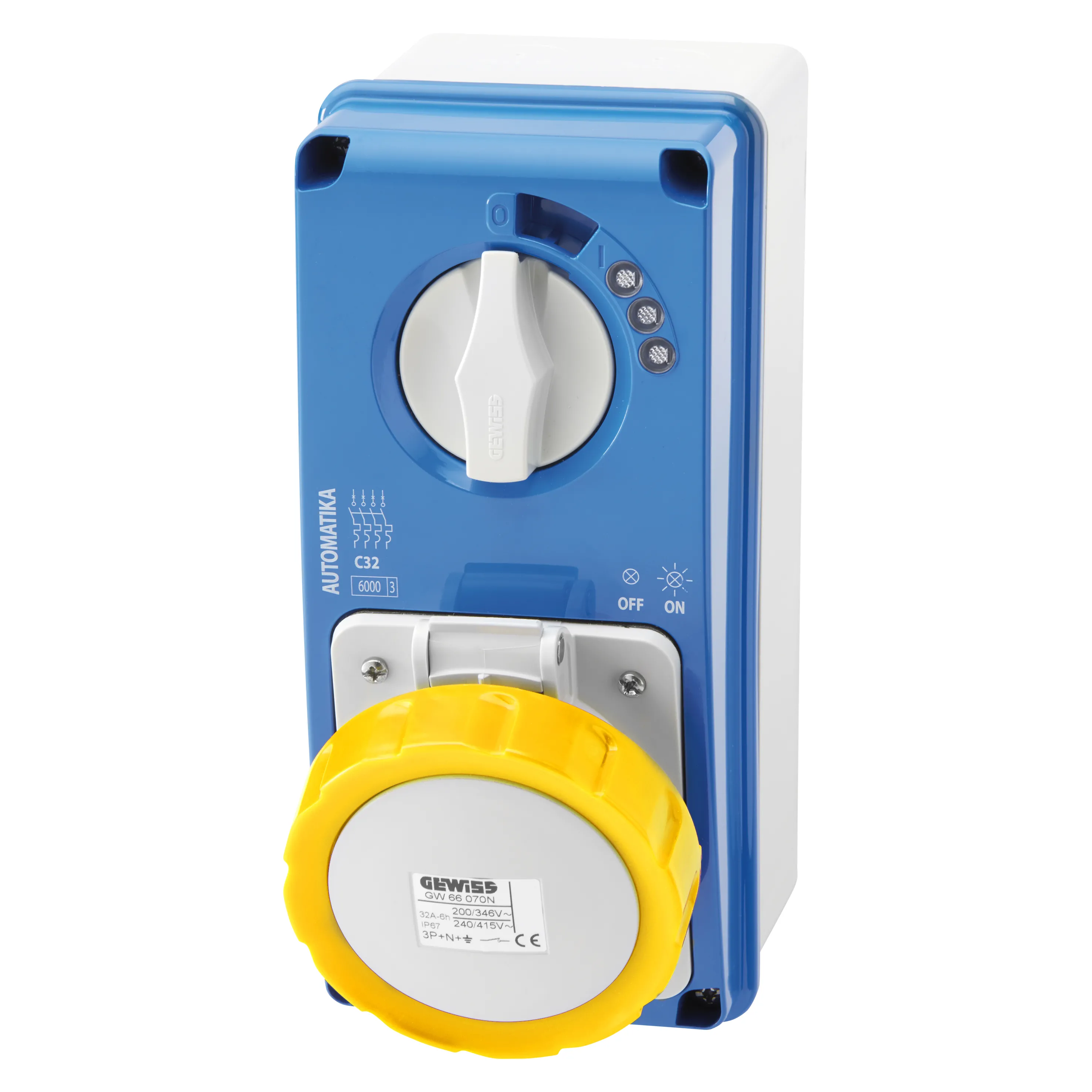 Priza Fixa Interblocata Verticala Automatika Curba Mt 6Ka C Cu Fund 3P+E 32A 110V 4H IP67 Gewiss GW66063N