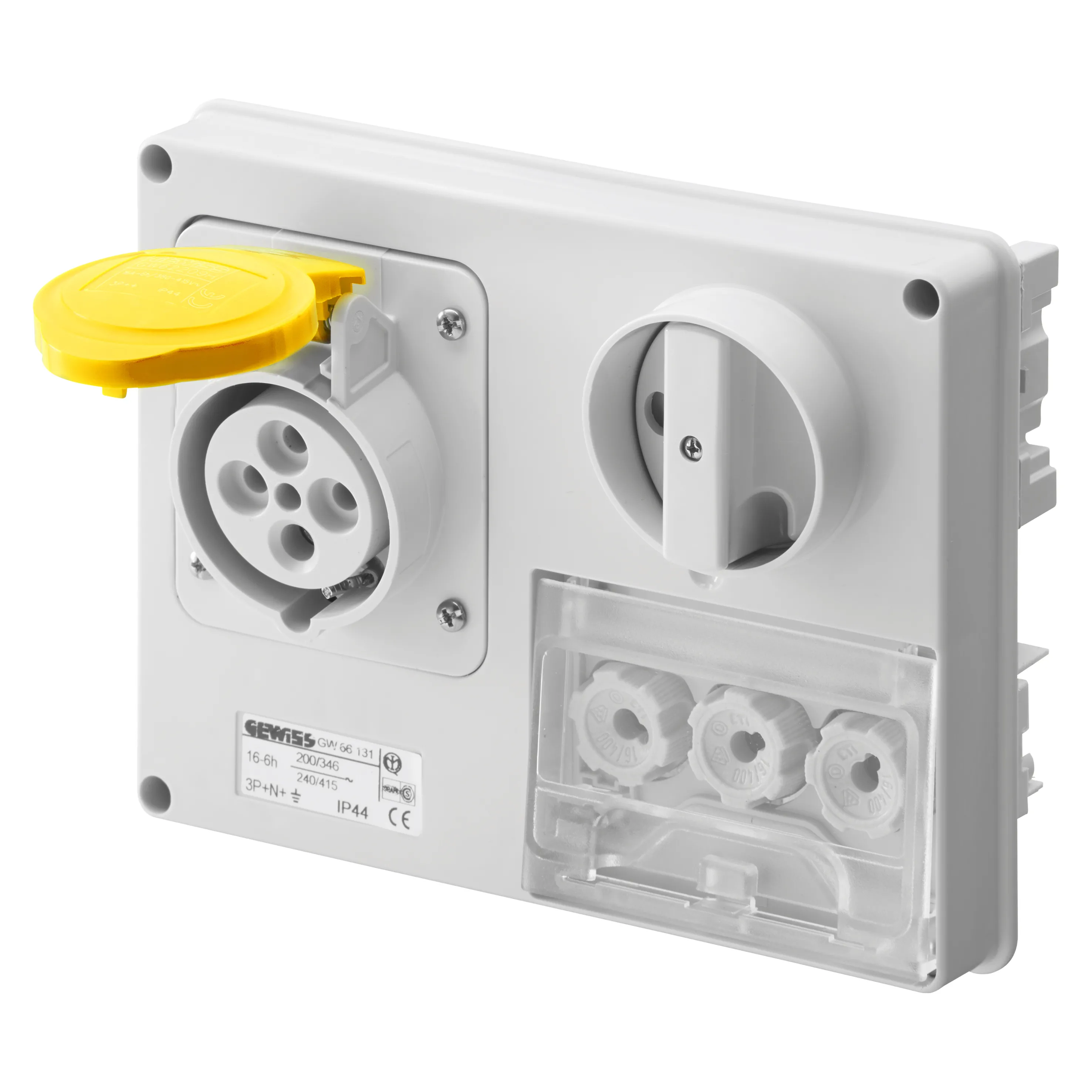 Priza orizontala fixa interblocata fara fund cu baza suport de alimentare 3p+e 16a 100-130v 50/60hz 4h ip44 gewiss gw66124